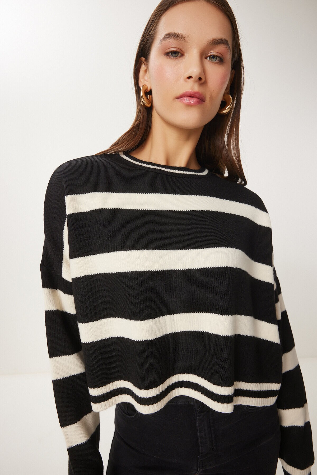 Çizgili Crop Triko Kazak SİYAH KREM LBV0038