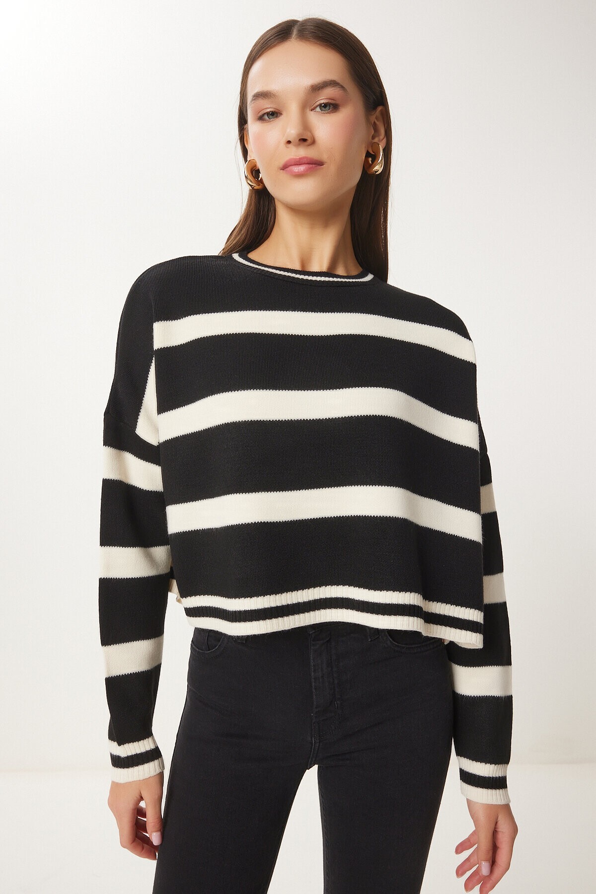 Çizgili Crop Triko Kazak SİYAH KREM LBV0038