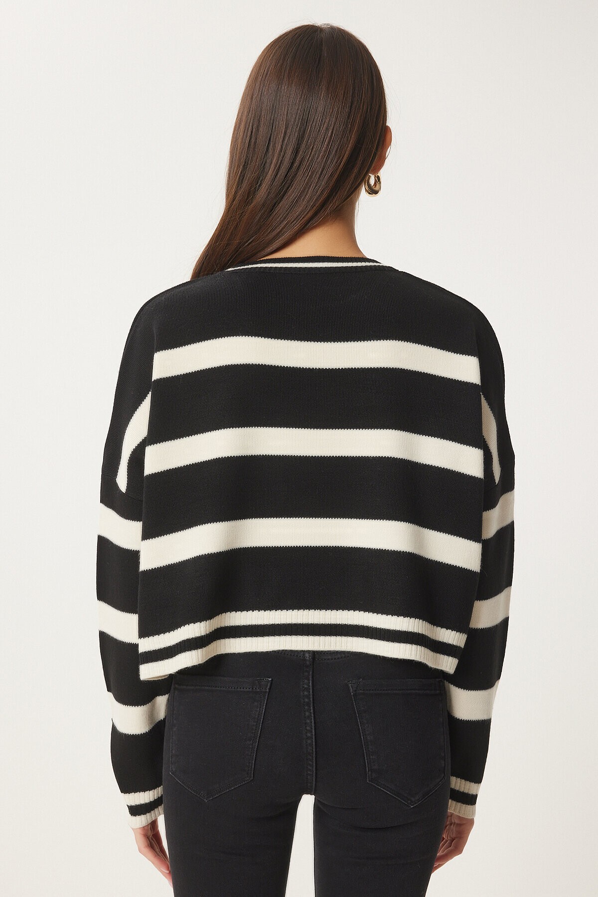 Çizgili Crop Triko Kazak SİYAH KREM LBV0038