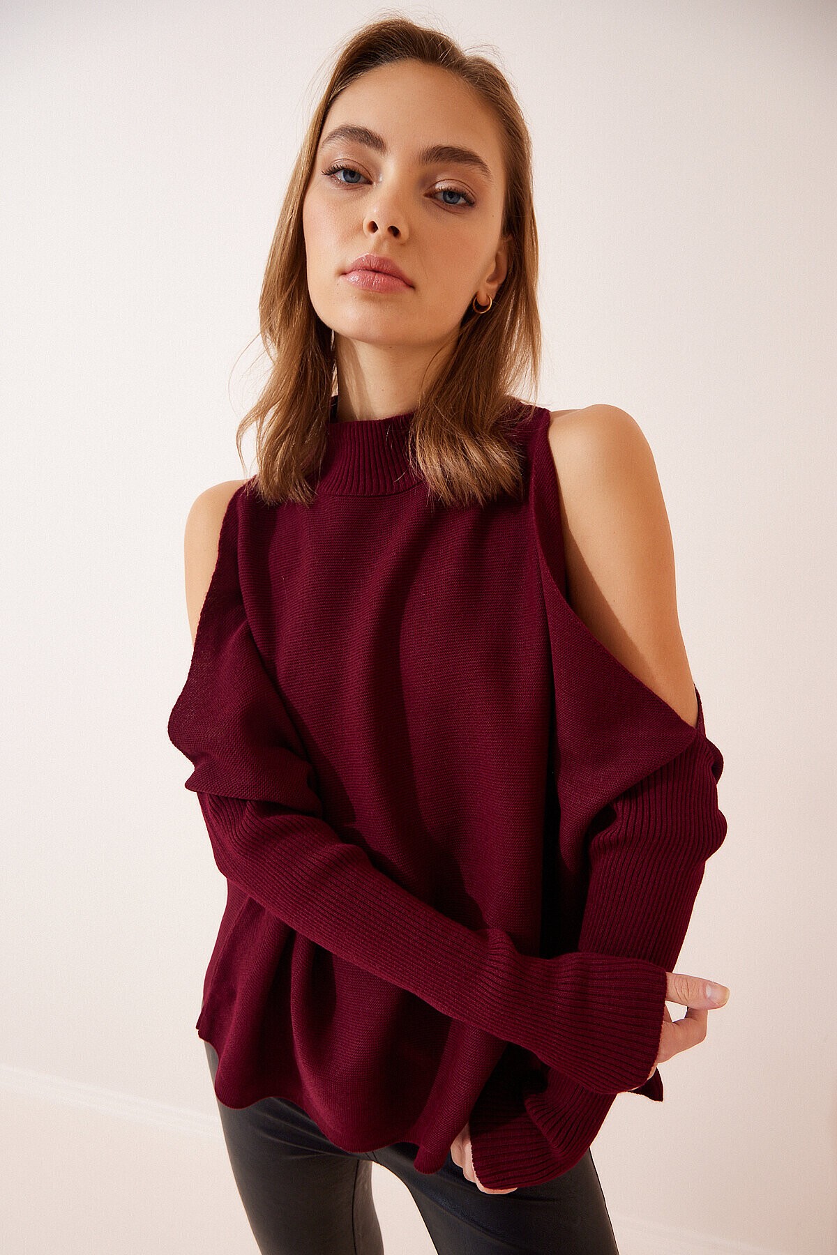 Cut Out Detaylı Oversize Triko Kazak BORDO LAS0003