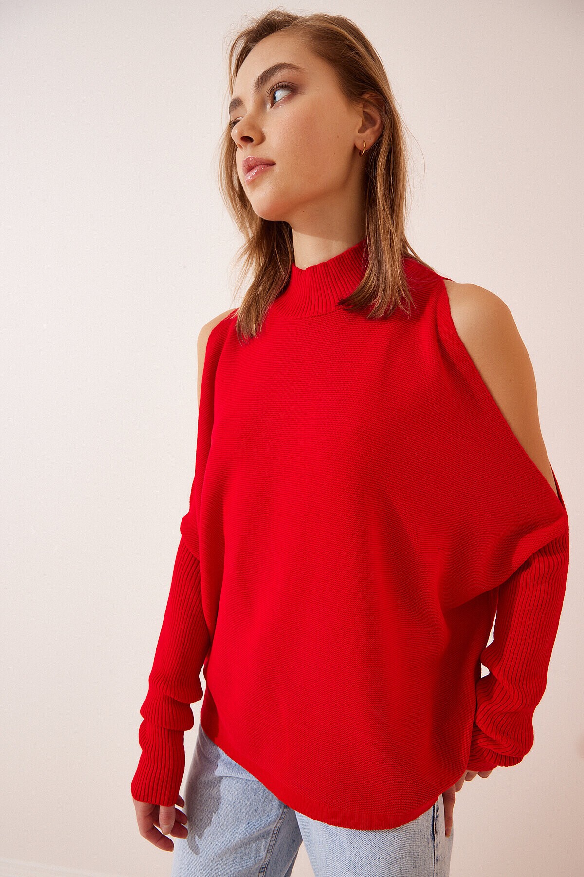 Cut Out Detaylı Oversize Triko Kazak KIRMIZI LAS0003