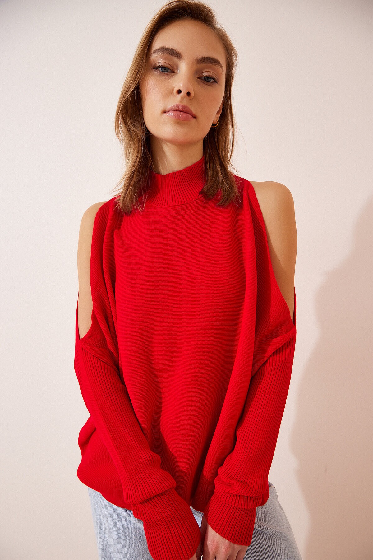 Cut Out Detaylı Oversize Triko Kazak KIRMIZI LAS0003