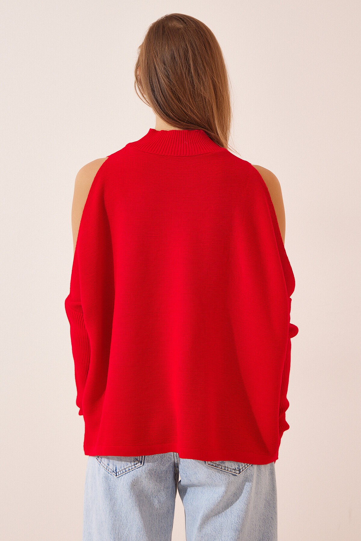 Cut Out Detaylı Oversize Triko Kazak KIRMIZI LAS0003