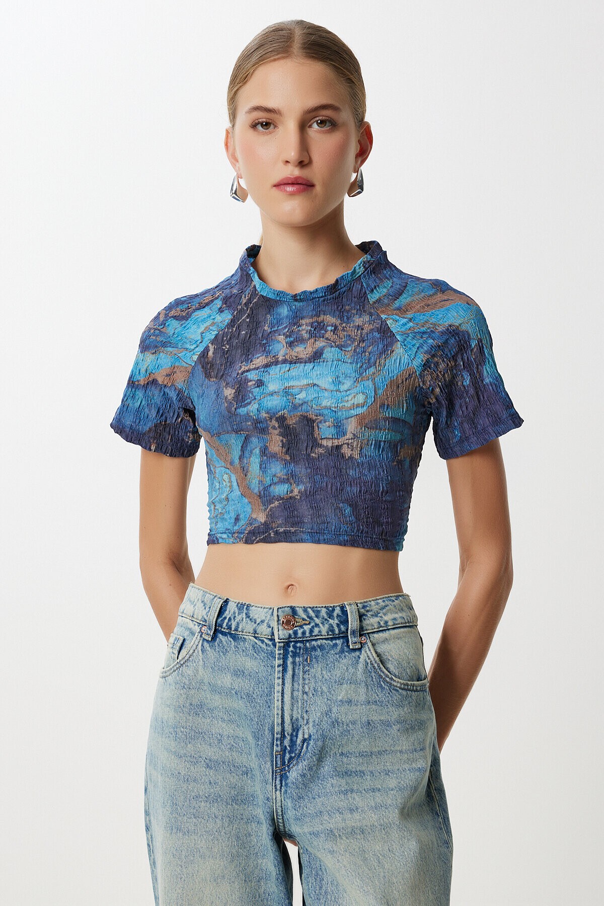 Desenli Crop Krinkıl Bluz LACİVERT LAN0048