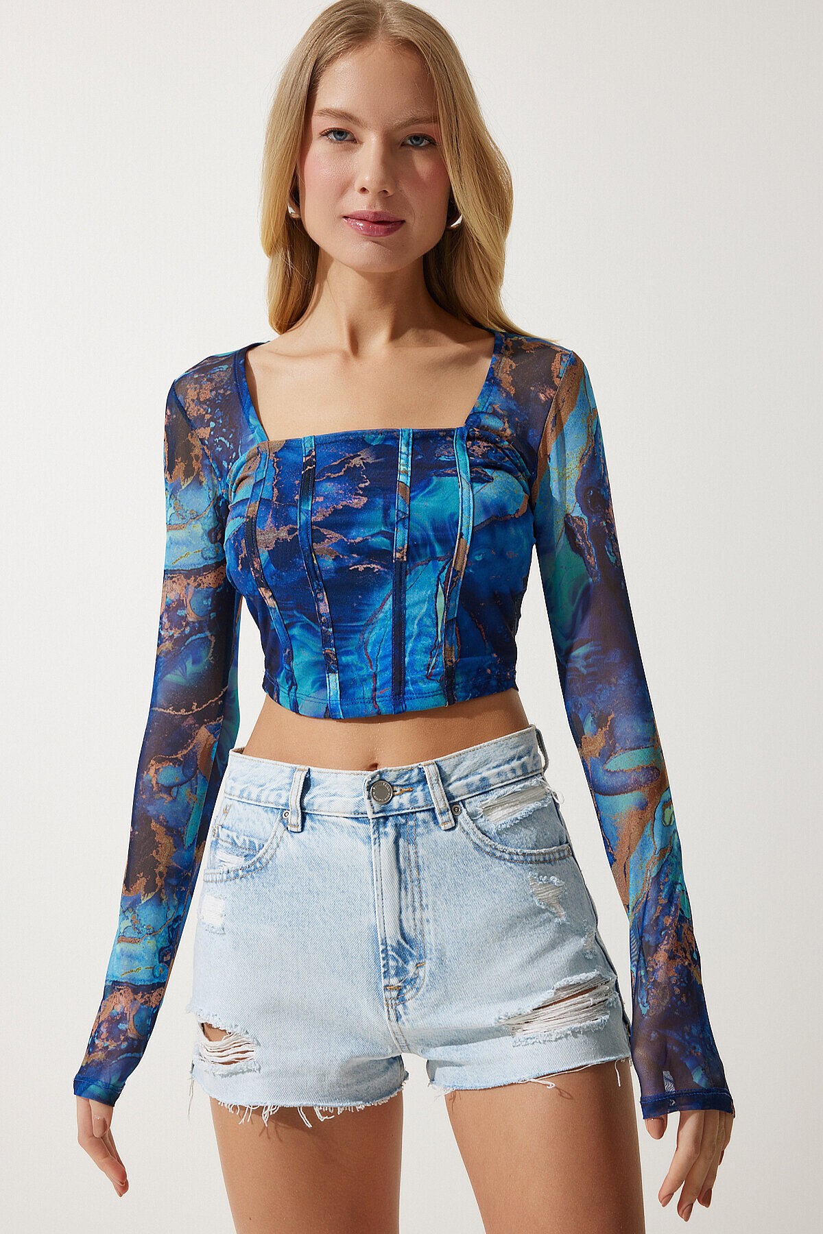 Desenli Crop Şifon Bluz MAVİ LAN0004