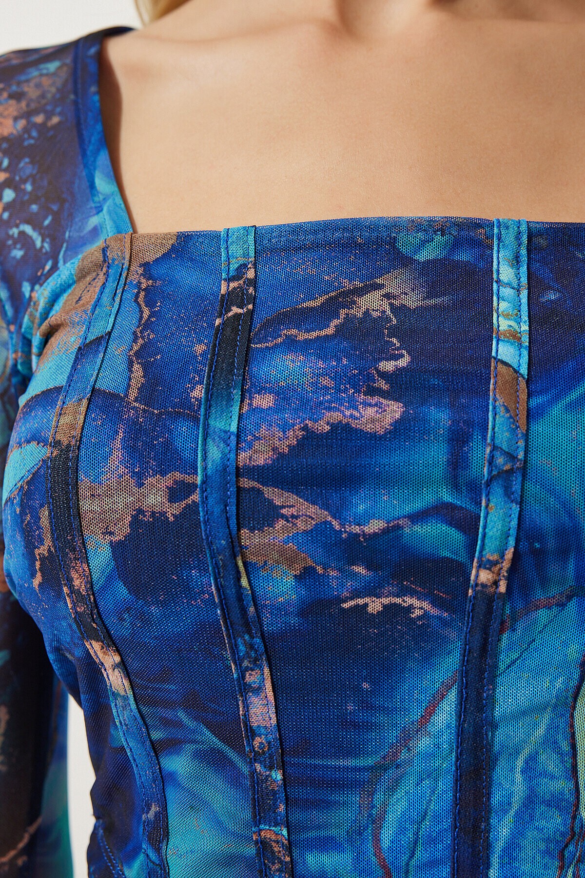Desenli Crop Şifon Bluz MAVİ LAN0004