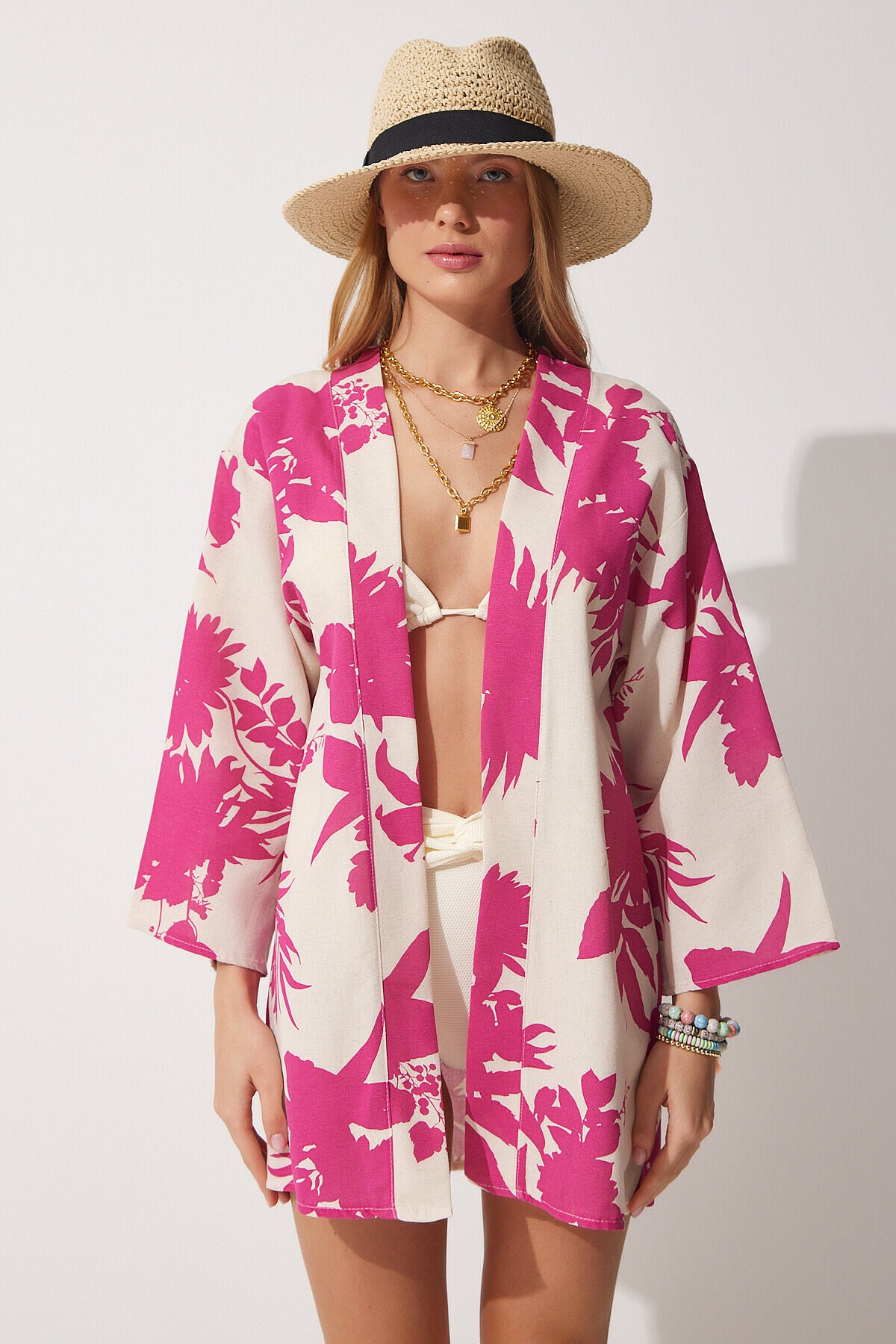Desenli Keten Viskon Kimono BEJ PEMBE LBH0005