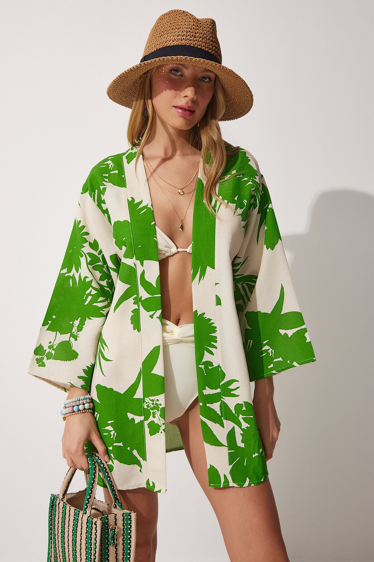 Desenli Keten Viskon Kimono BEJ YEŞİL LBH0005
