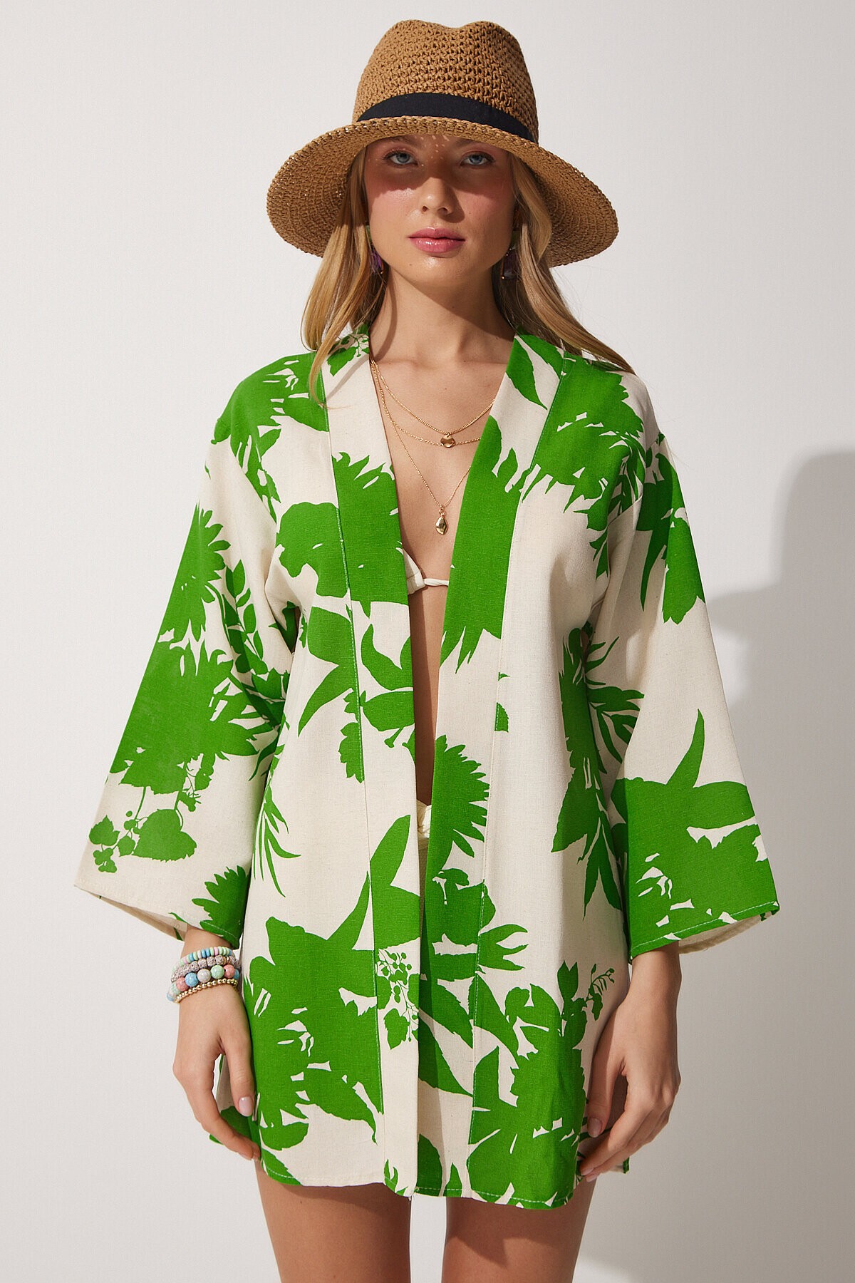 Desenli Keten Viskon Kimono BEJ YEŞİL LBH0005