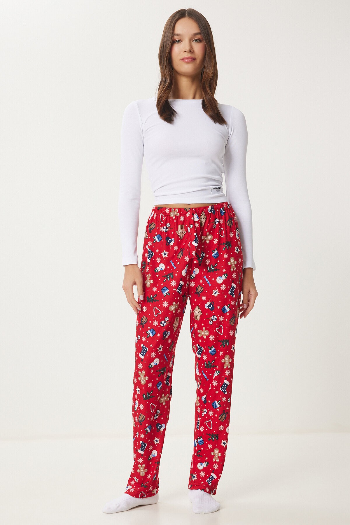 Desenli Yumuşak Dokulu Örme Pijama Altı KIRMIZI BEYAZ LCE0002