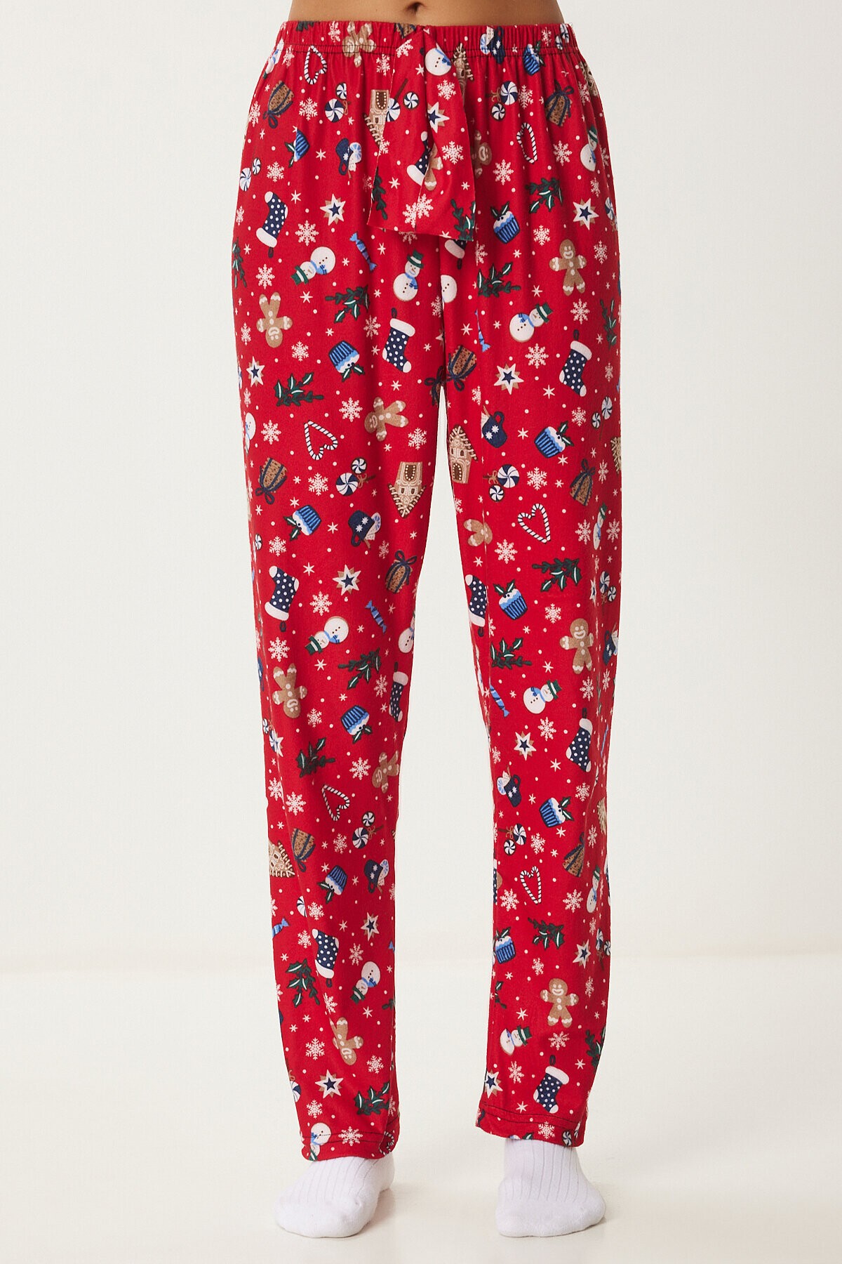 Desenli Yumuşak Dokulu Örme Pijama Altı KIRMIZI BEYAZ LCE0002