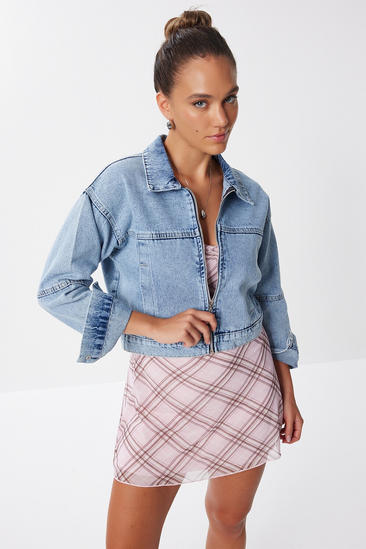 Fermuarlı Denim Ceket AÇIK MAVİ LAN0056