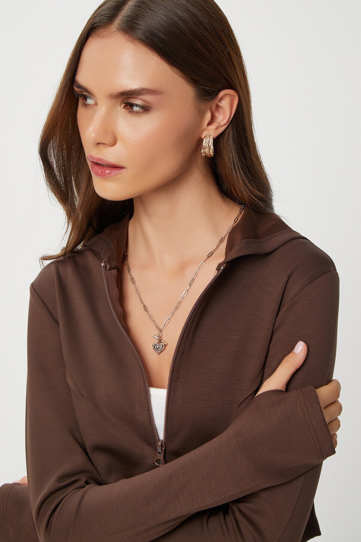 Fermuarlı Kapüşonlu Yumuşak Modal Sweatshirt KAHVERENGİ LAN0059