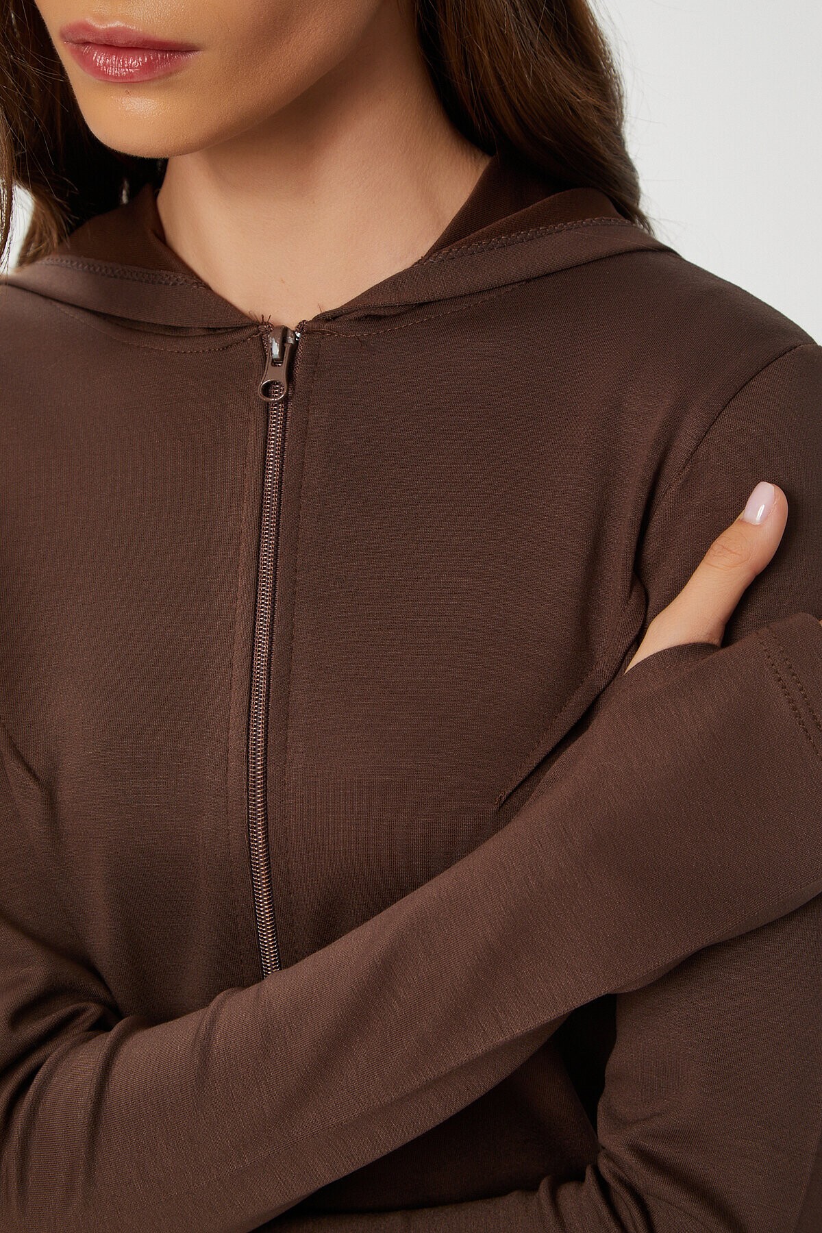 Fermuarlı Kapüşonlu Yumuşak Modal Sweatshirt KAHVERENGİ LAN0059