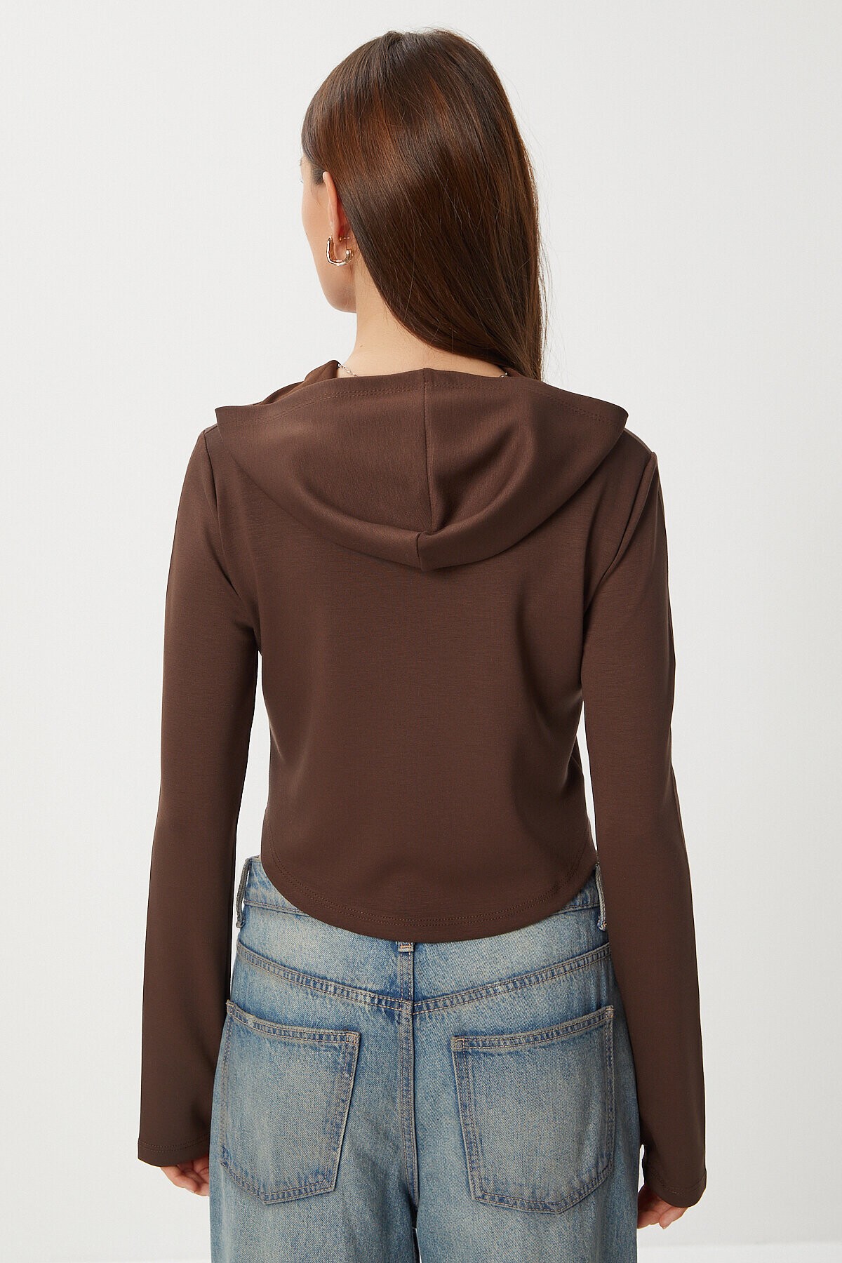 Fermuarlı Kapüşonlu Yumuşak Modal Sweatshirt KAHVERENGİ LAN0059
