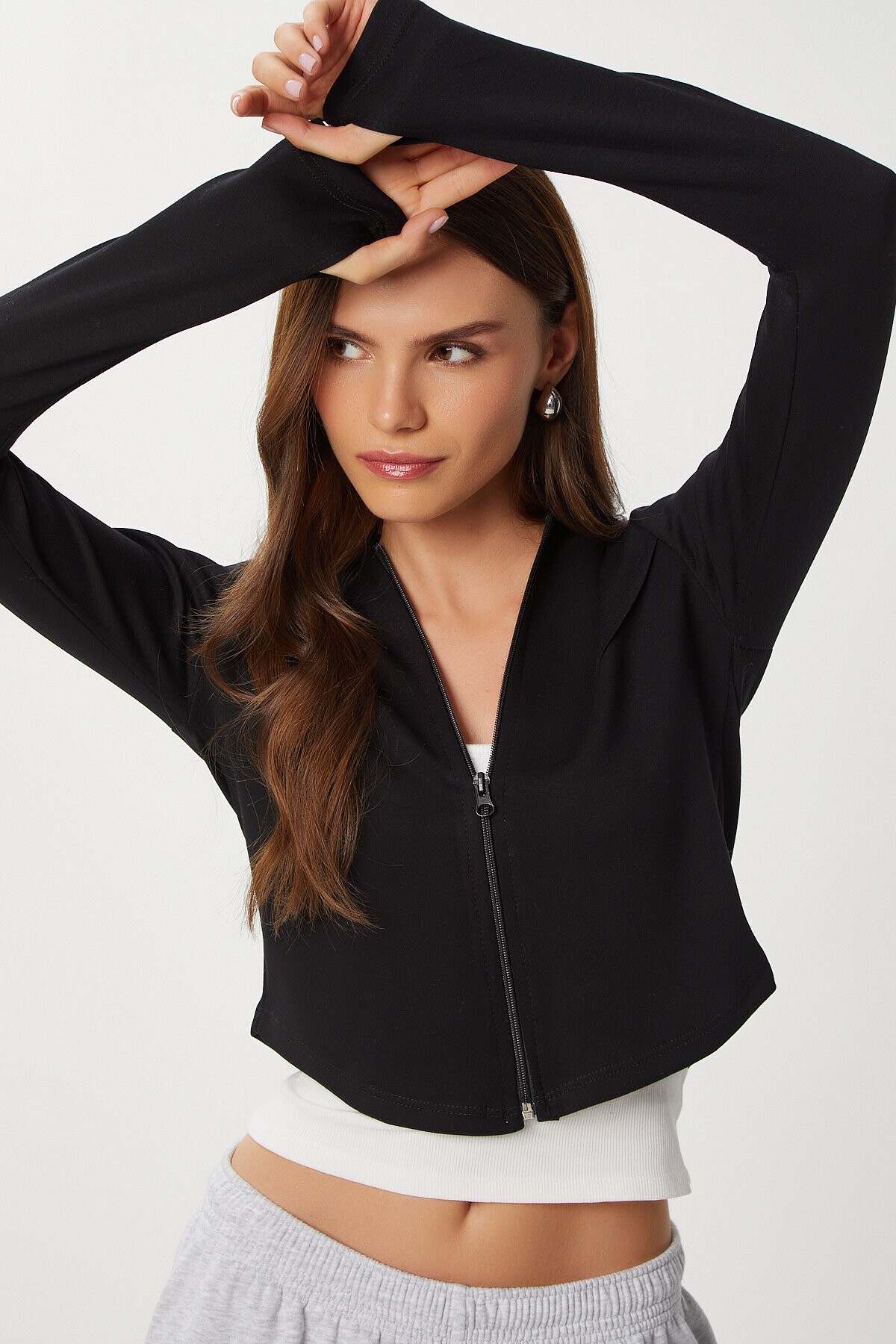 Fermuarlı Kapüşonlu Yumuşak Modal Sweatshirt SİYAH LAN0059