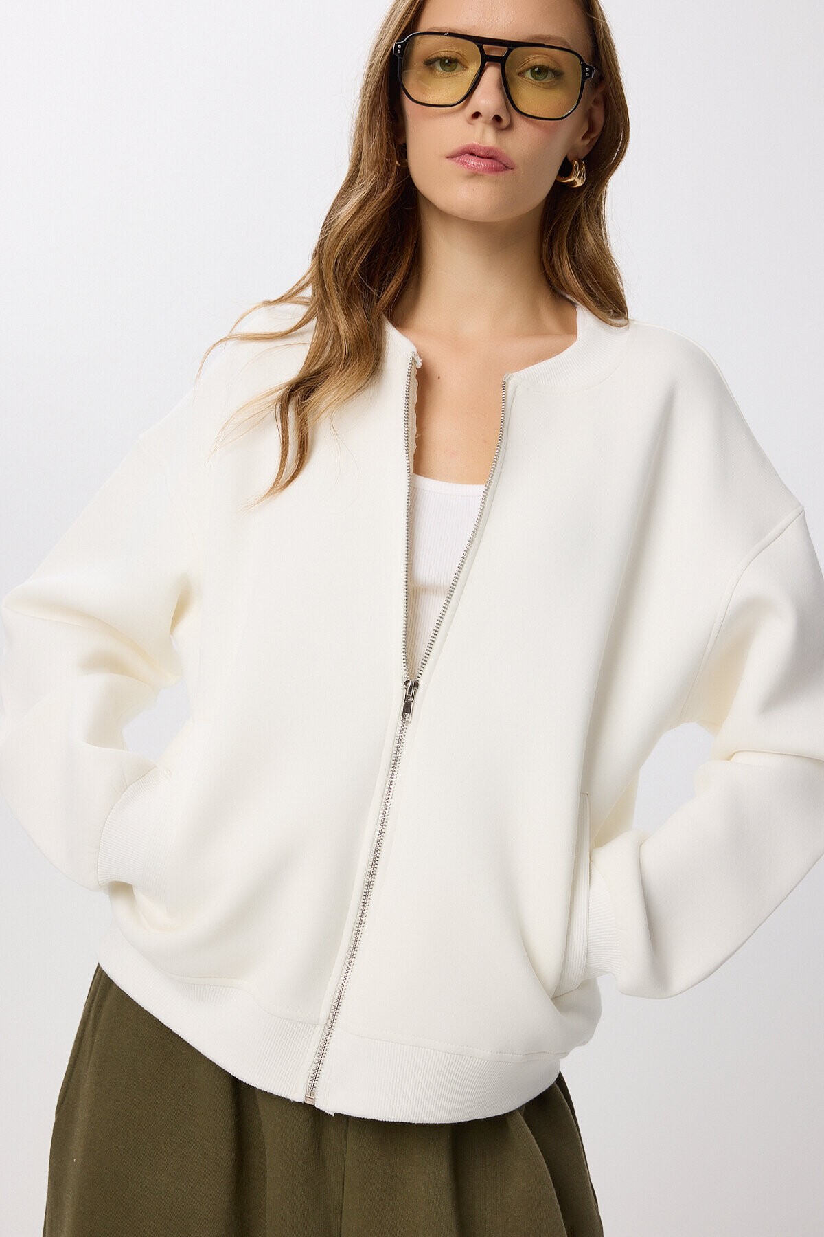 Fermuarlı Şardonlu Örme Sweatshirt EKRU LAN0066