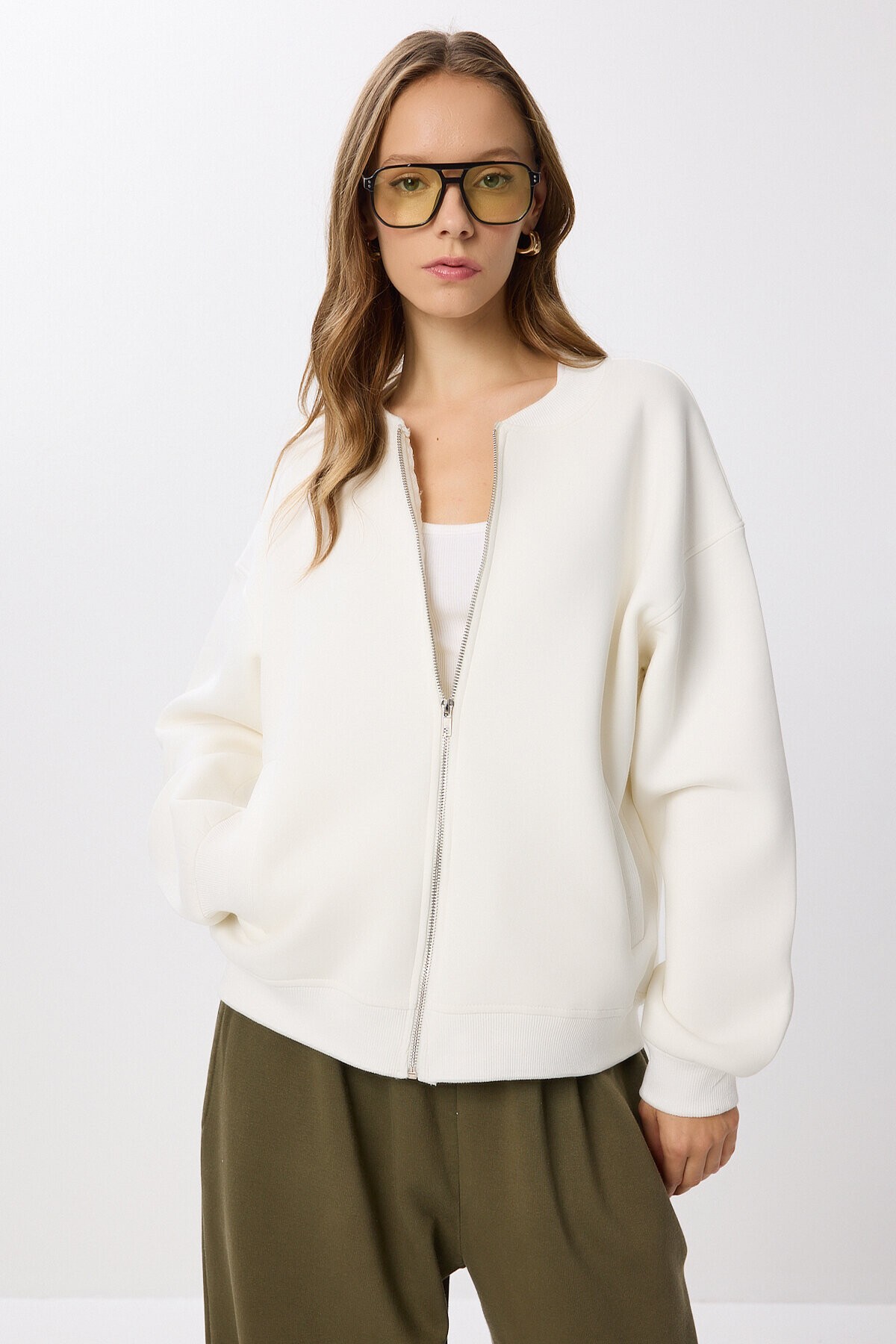 Fermuarlı Şardonlu Örme Sweatshirt EKRU LAN0066