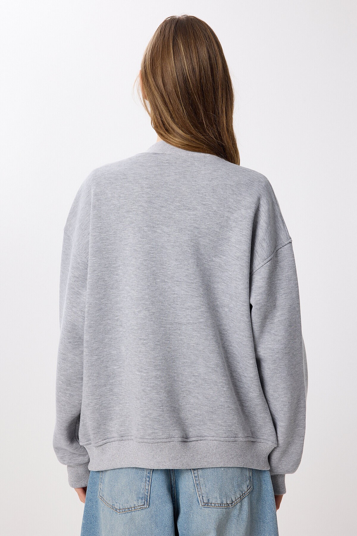 Fermuarlı Şardonlu Örme Sweatshirt GRİ MELANJ LAN0066