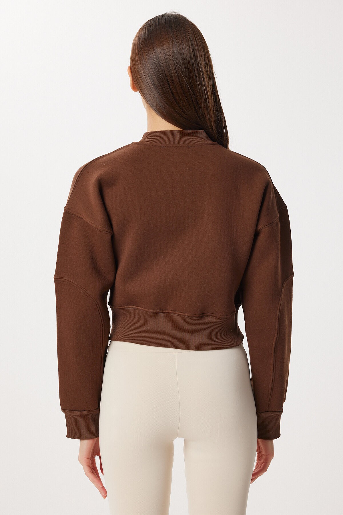Fermuarlı Şardonlu Örme Sweatshirt KAHVERENGİ LAN0085
