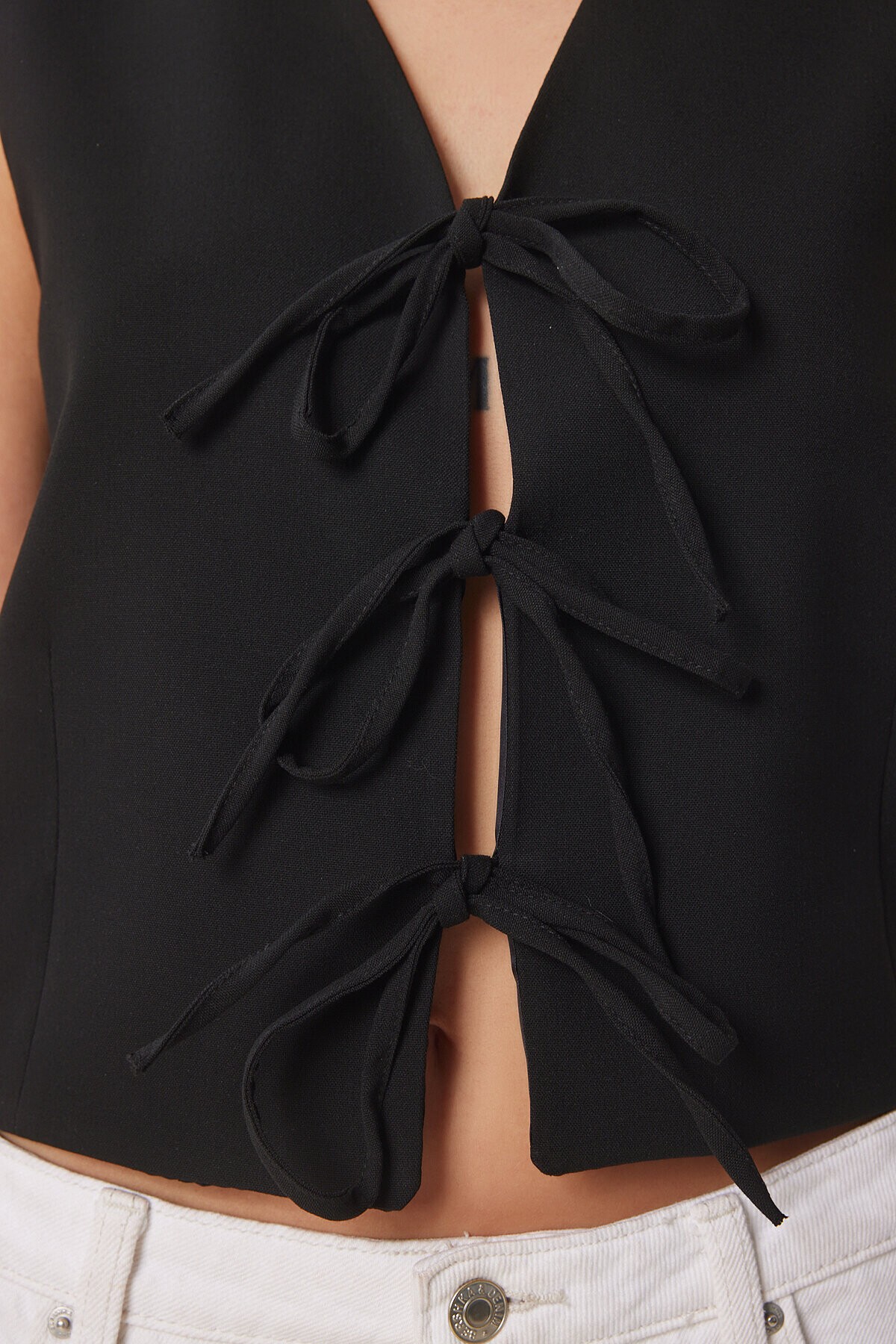 Fiyonk Bağlamalı Dokuma Yelek SİYAH LBV0057