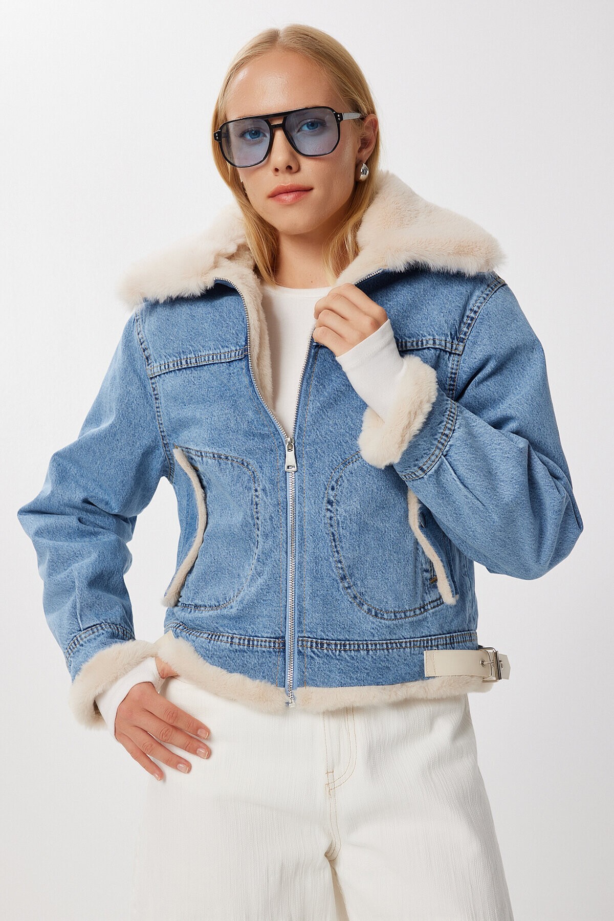 İçi Kürklü Polo Yaka Denim Ceket MAVİ LAN0073