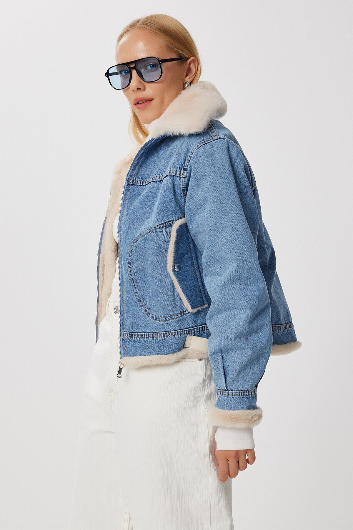 İçi Kürklü Polo Yaka Denim Ceket MAVİ LAN0073