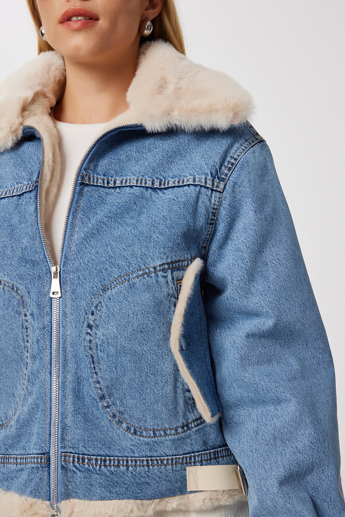 İçi Kürklü Polo Yaka Denim Ceket MAVİ LAN0073