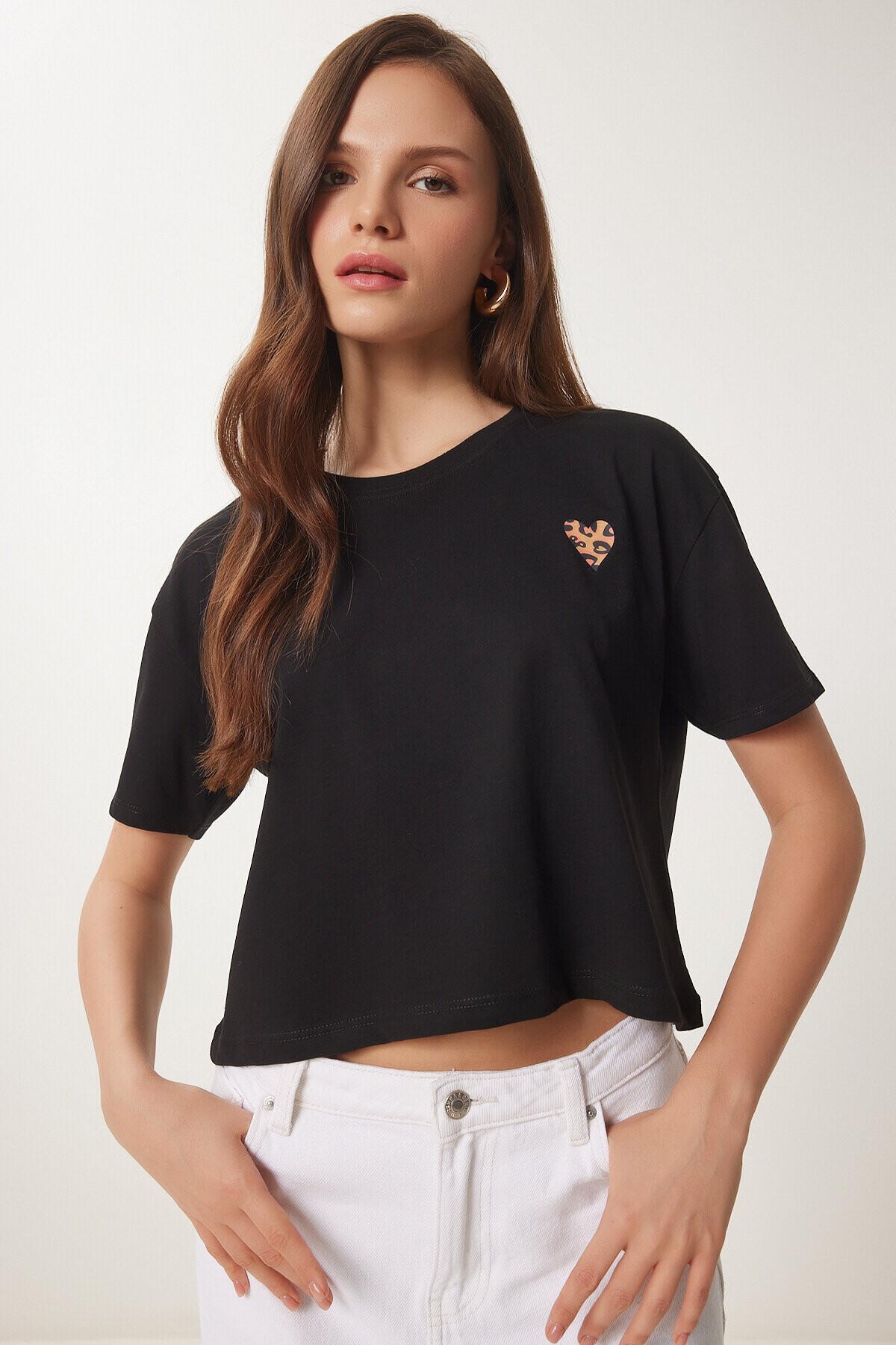 Kalp Baskılı Pamuklu Kısa Örme T-Shirt SİYAH LAN0024