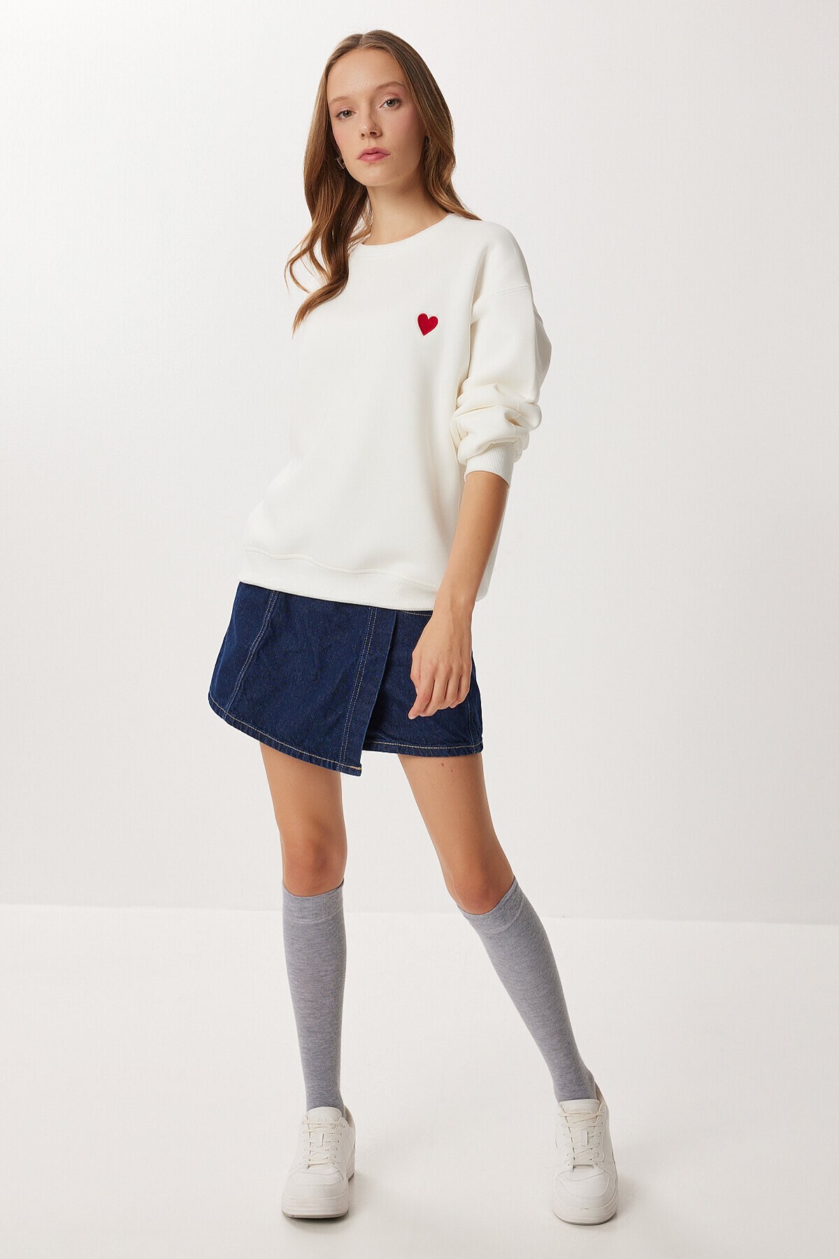 Kalp Nakışlı Şardonlu Örme Sweatshirt EKRU LAN0082