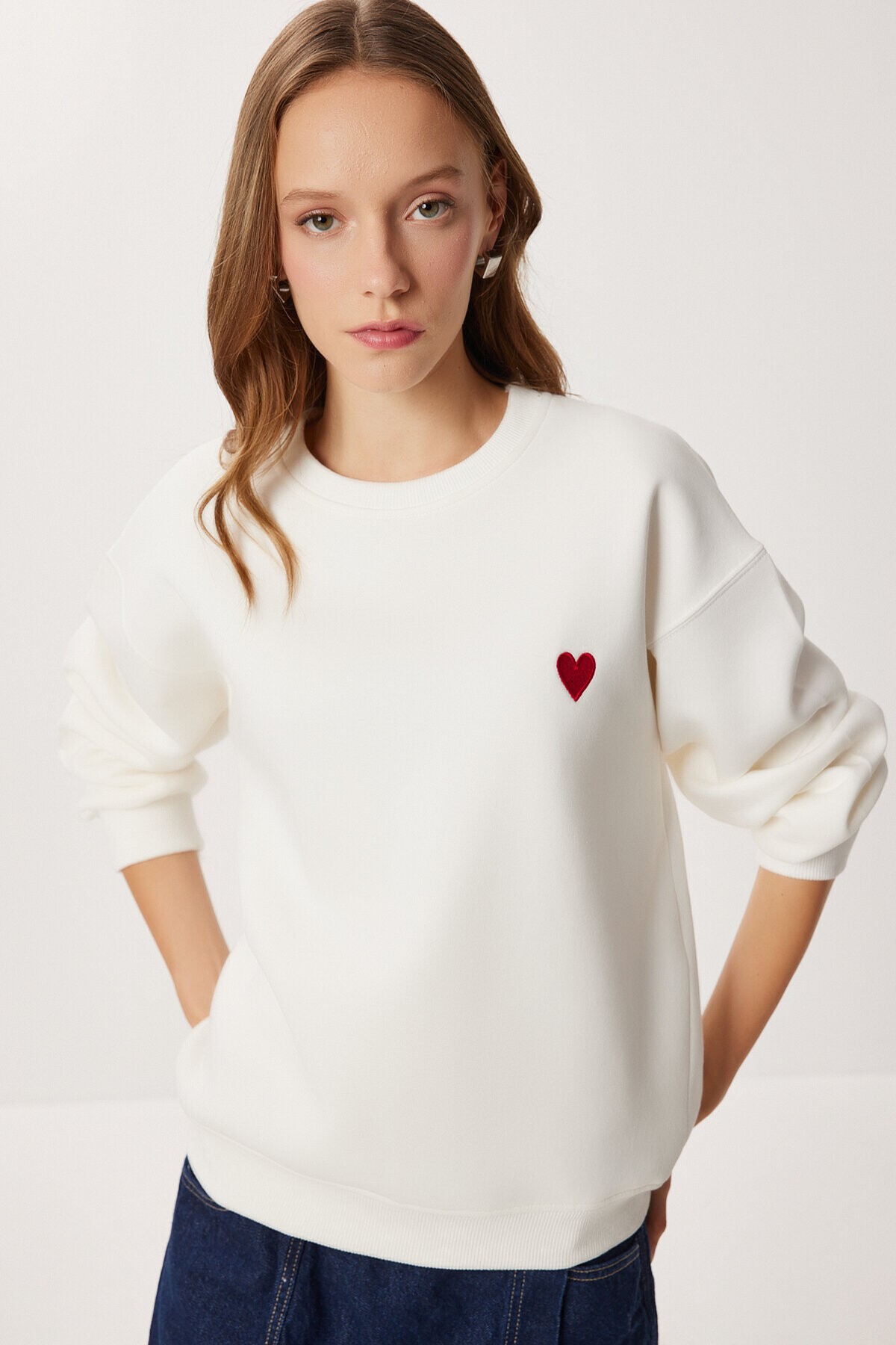 Kalp Nakışlı Şardonlu Örme Sweatshirt EKRU LAN0082