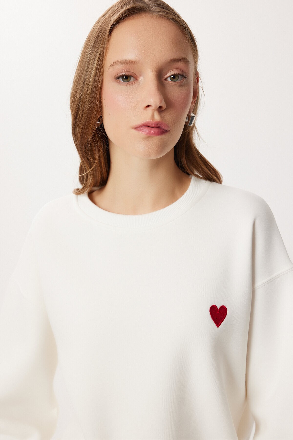 Kalp Nakışlı Şardonlu Örme Sweatshirt EKRU LAN0082