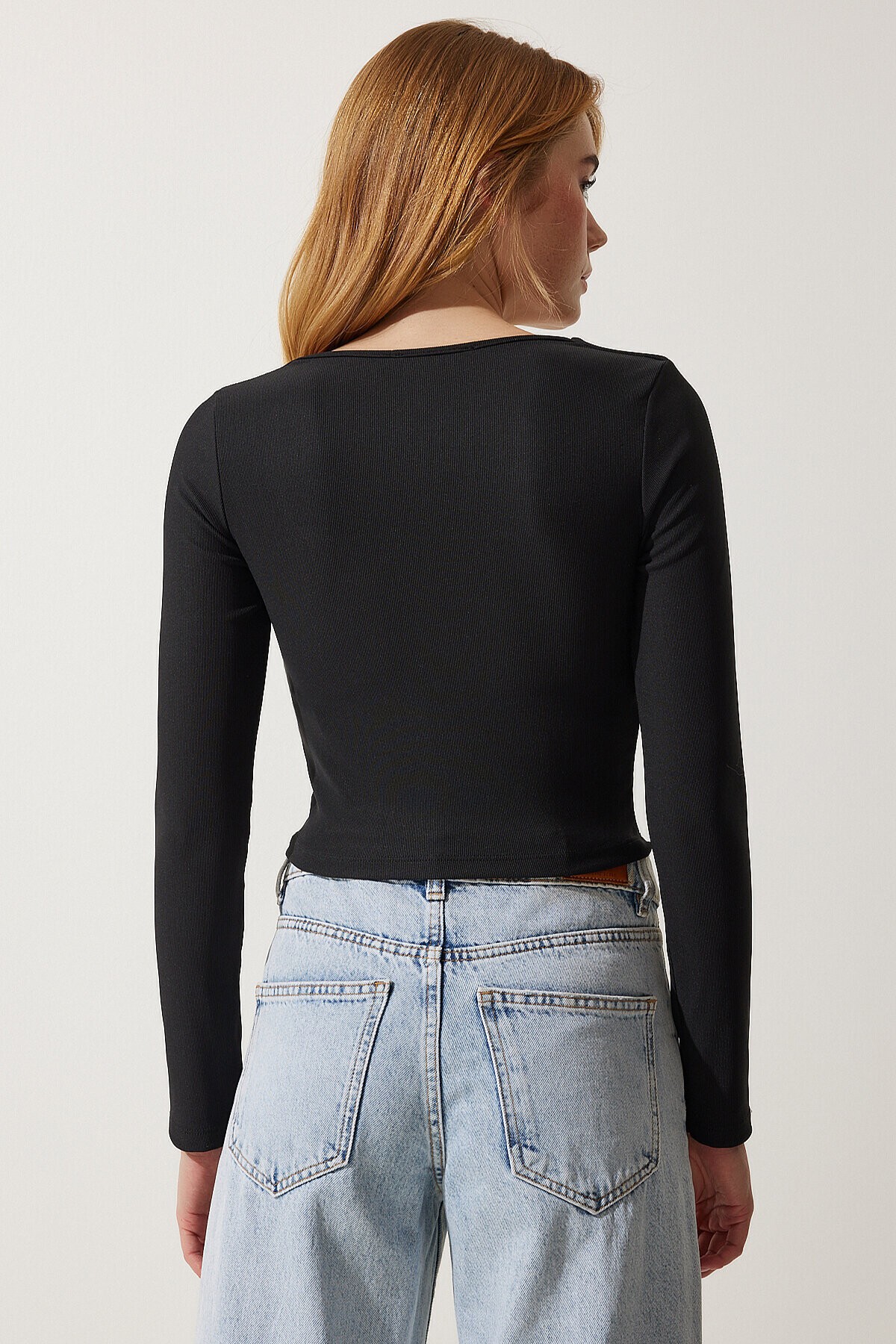 Kare Yaka Fitilli 2li Paket Crop Örme Bluz SİYAH BEYAZ LAN0025