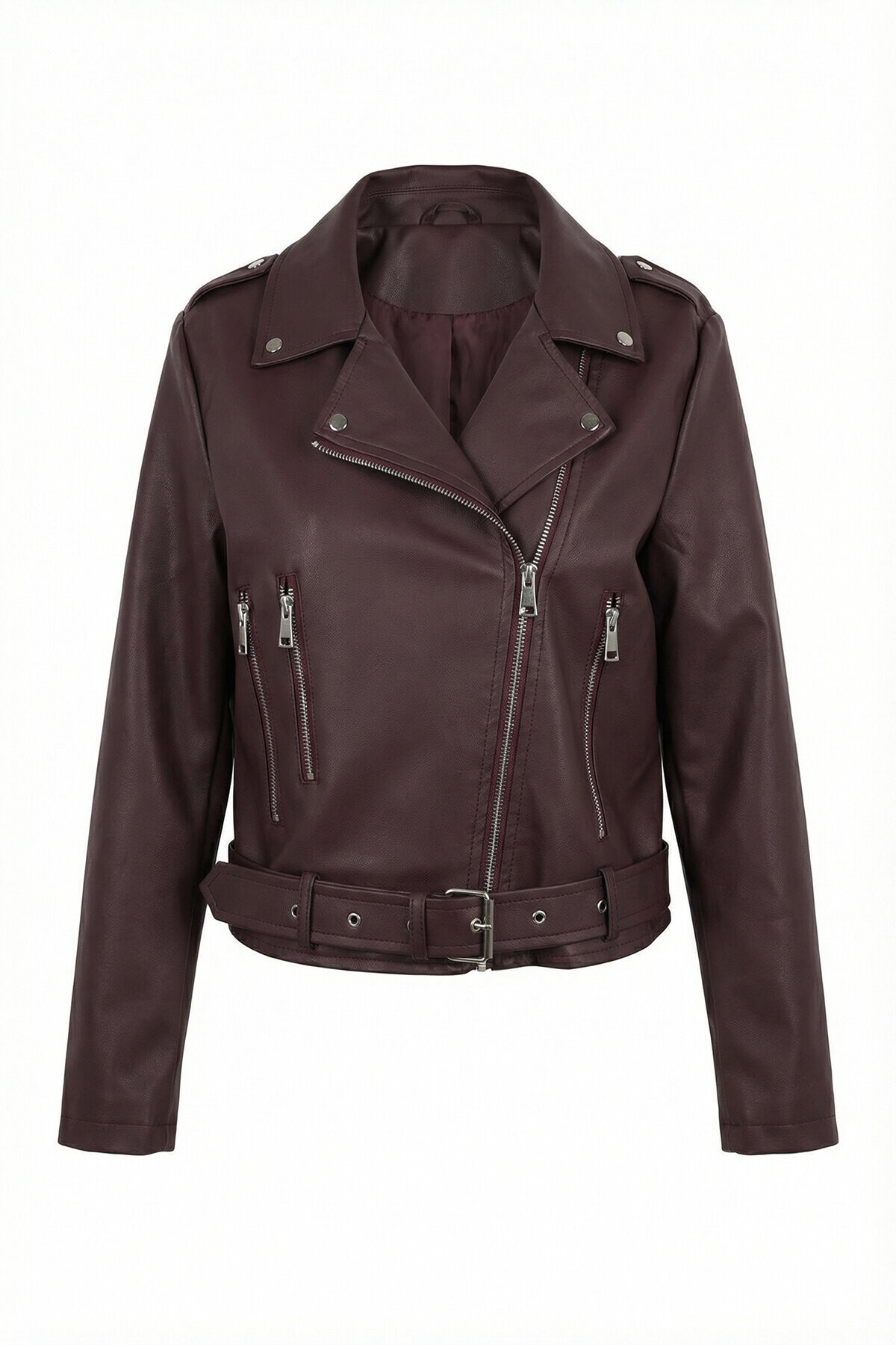 Kemerli Suni Deri Biker Ceket MÜRDÜM LAX0003
