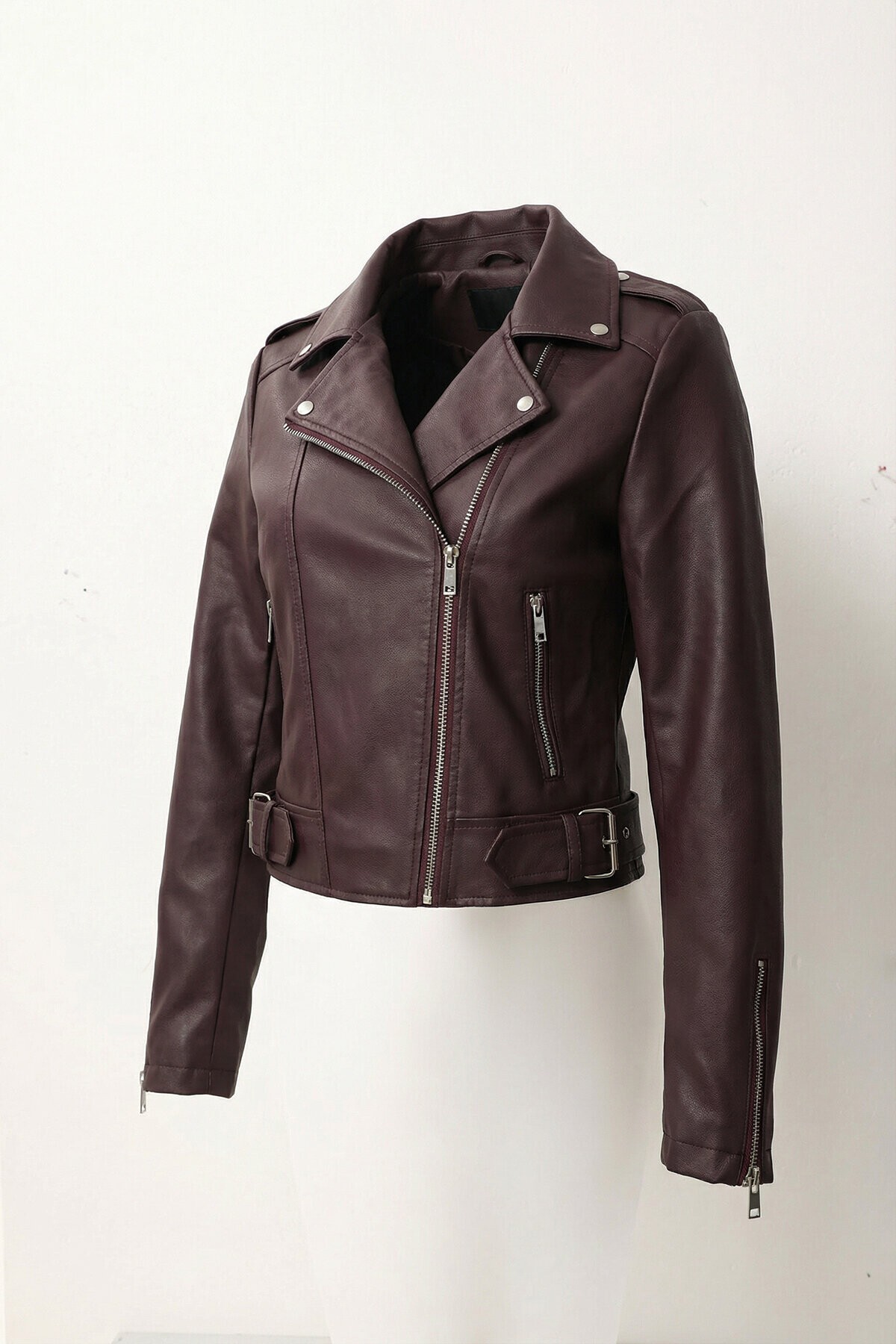 Kemerli Suni Deri Biker Ceket MÜRDÜM LAX0003