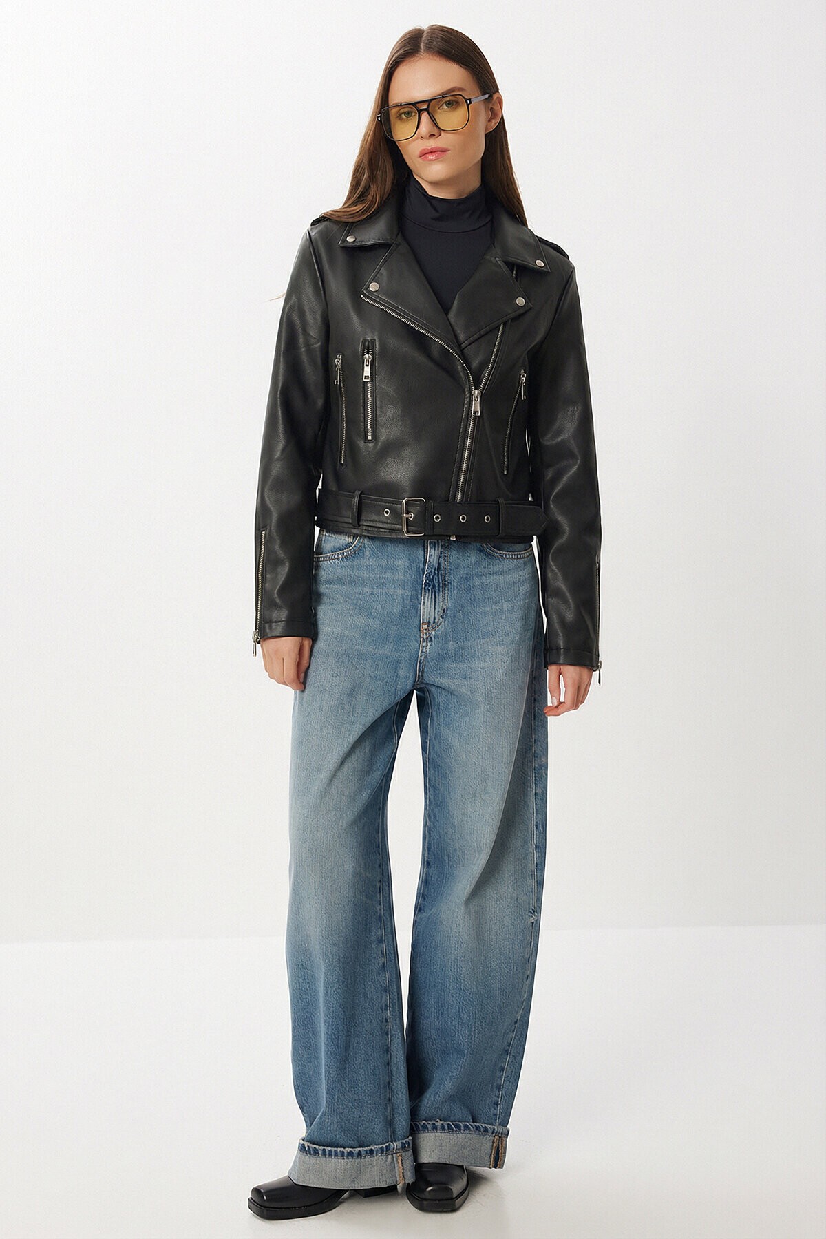 Kemerli Suni Deri Biker Ceket SİYAH LAX0003