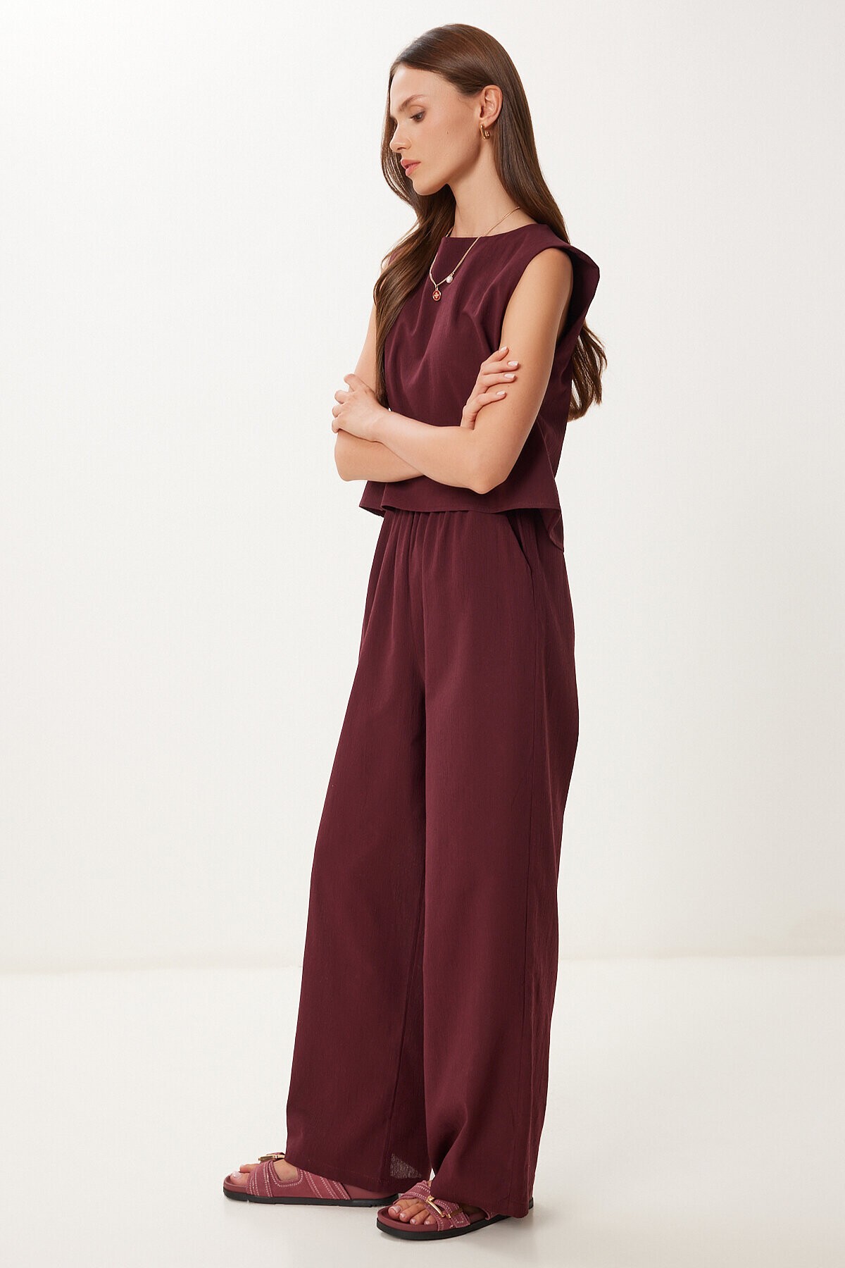Keten Bluz Pantolon Takım BORDO HRV0001