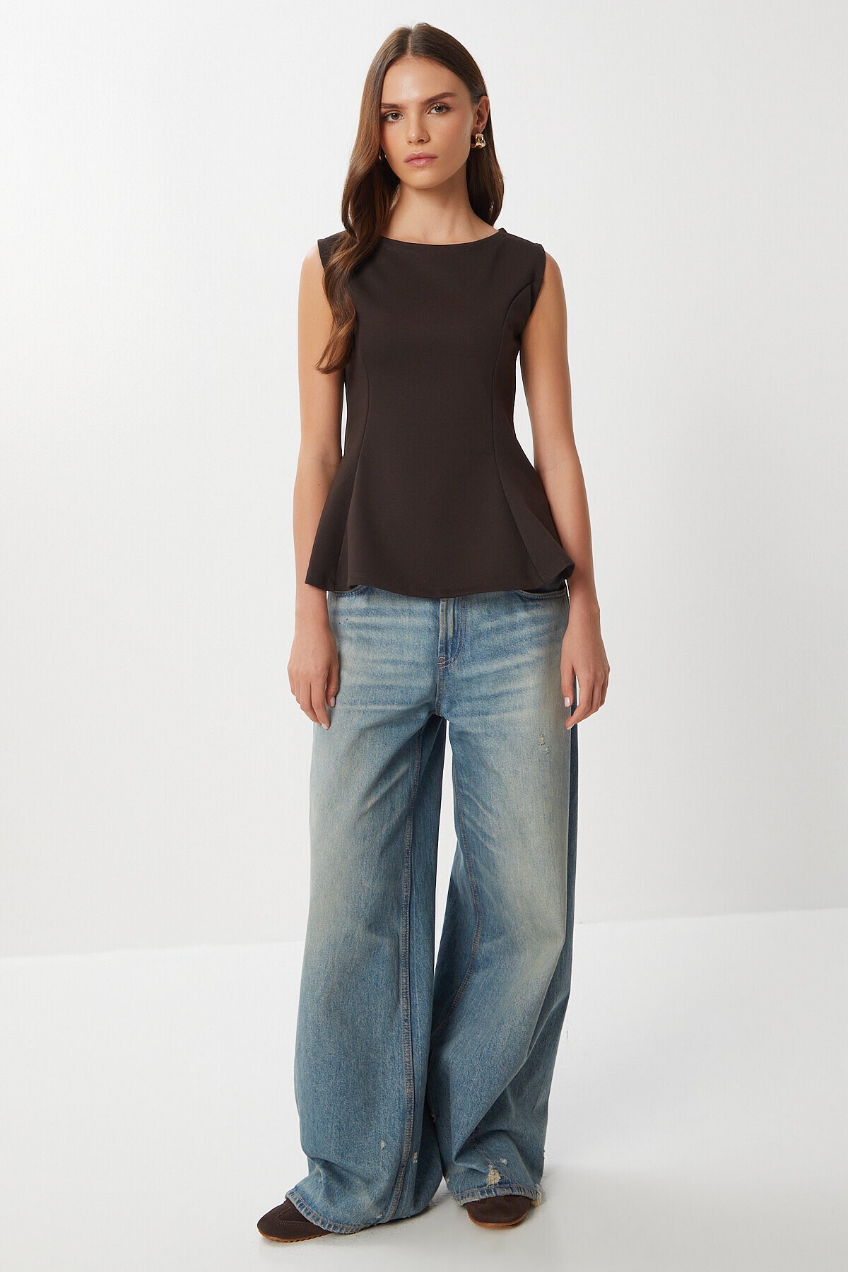 Kolsuz Peplum İnterlok Bluz KAHVERENGİ LAN0058