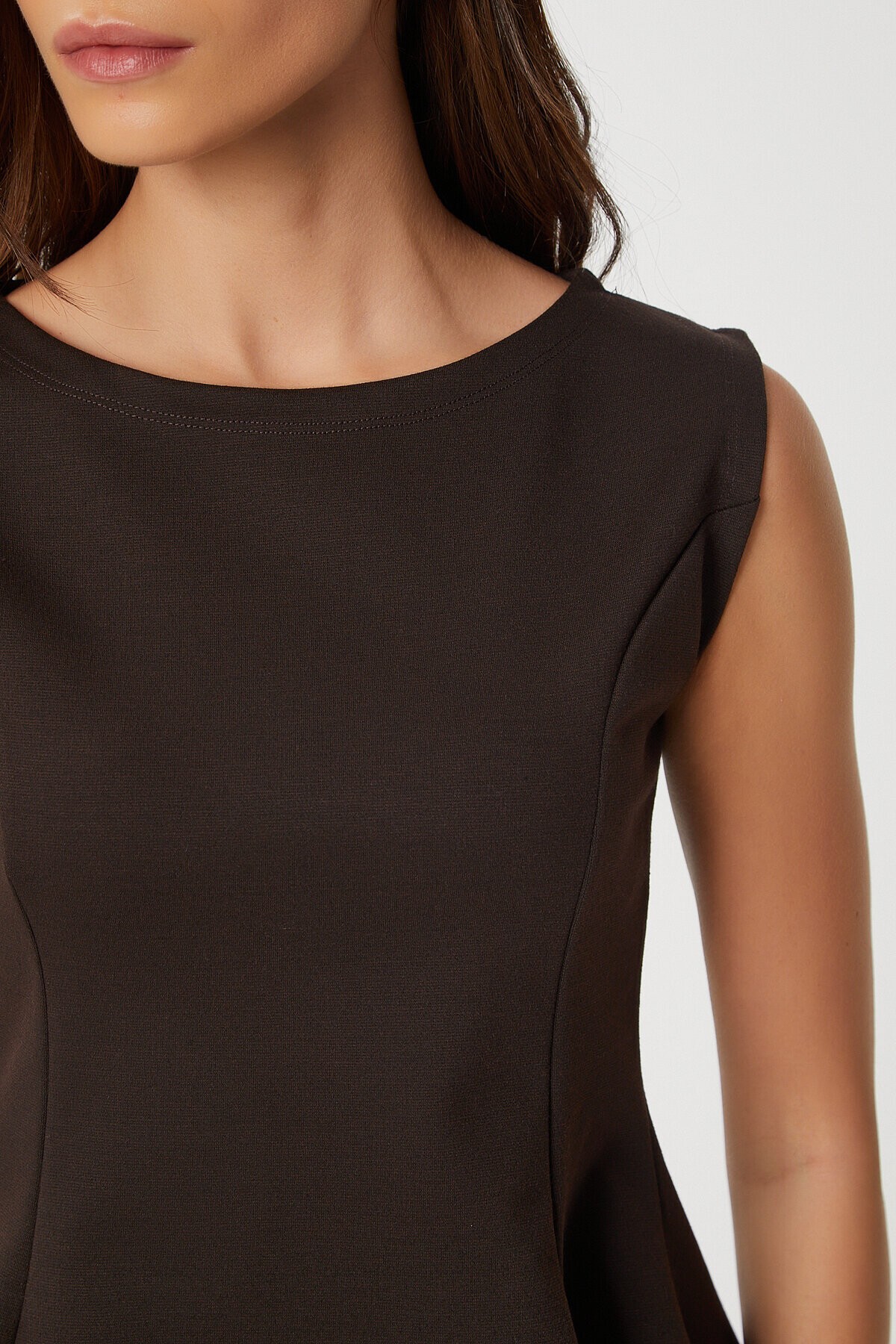 Kolsuz Peplum İnterlok Bluz KAHVERENGİ LAN0058