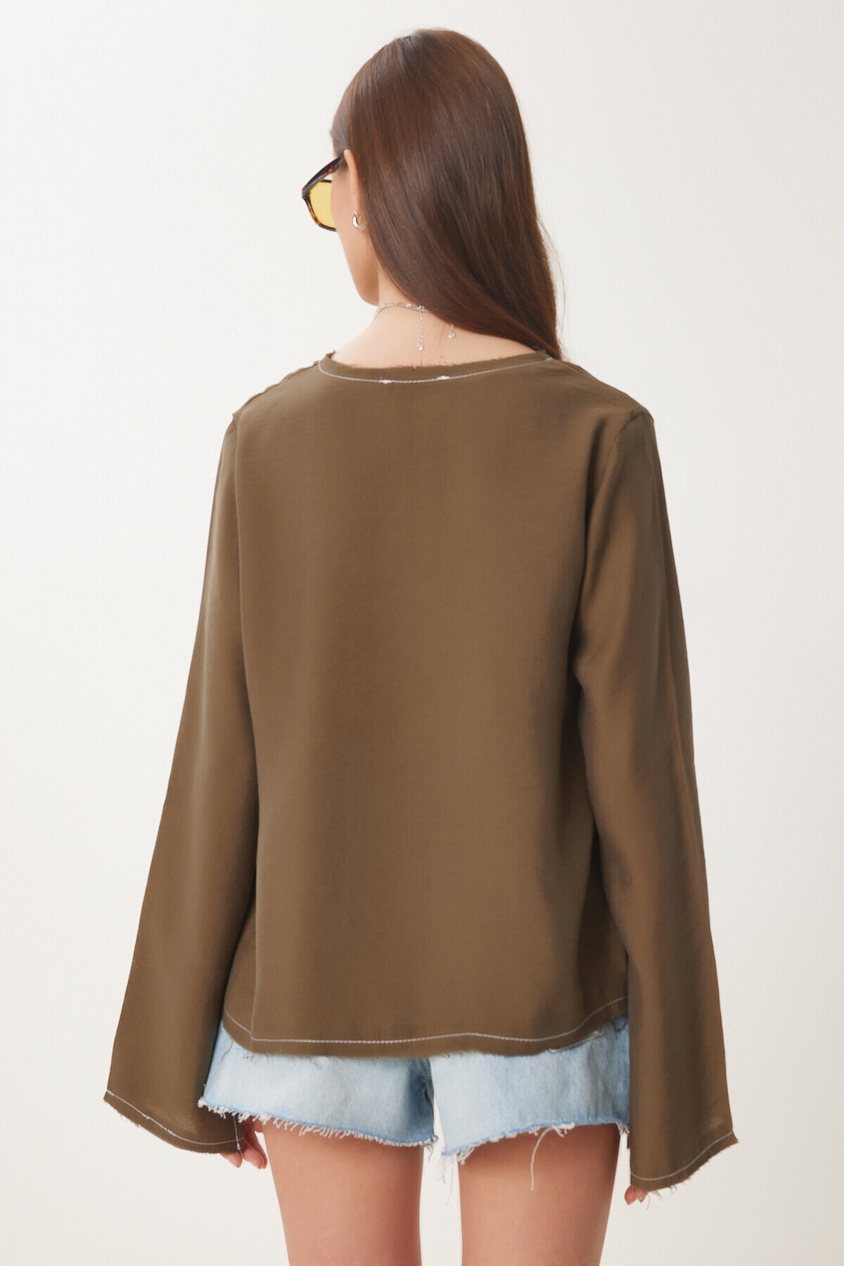 Kontrast Şeritli Bağlamalı Yazlık Bluz HAKİ LBV0060