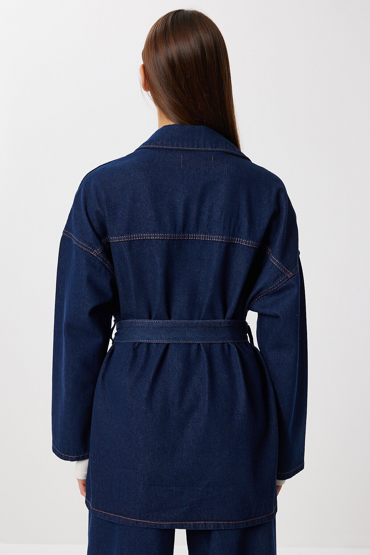 Kuşaklı Denim Ceket Pantolon Takım 1935 KOYU MAVİ LAN0075