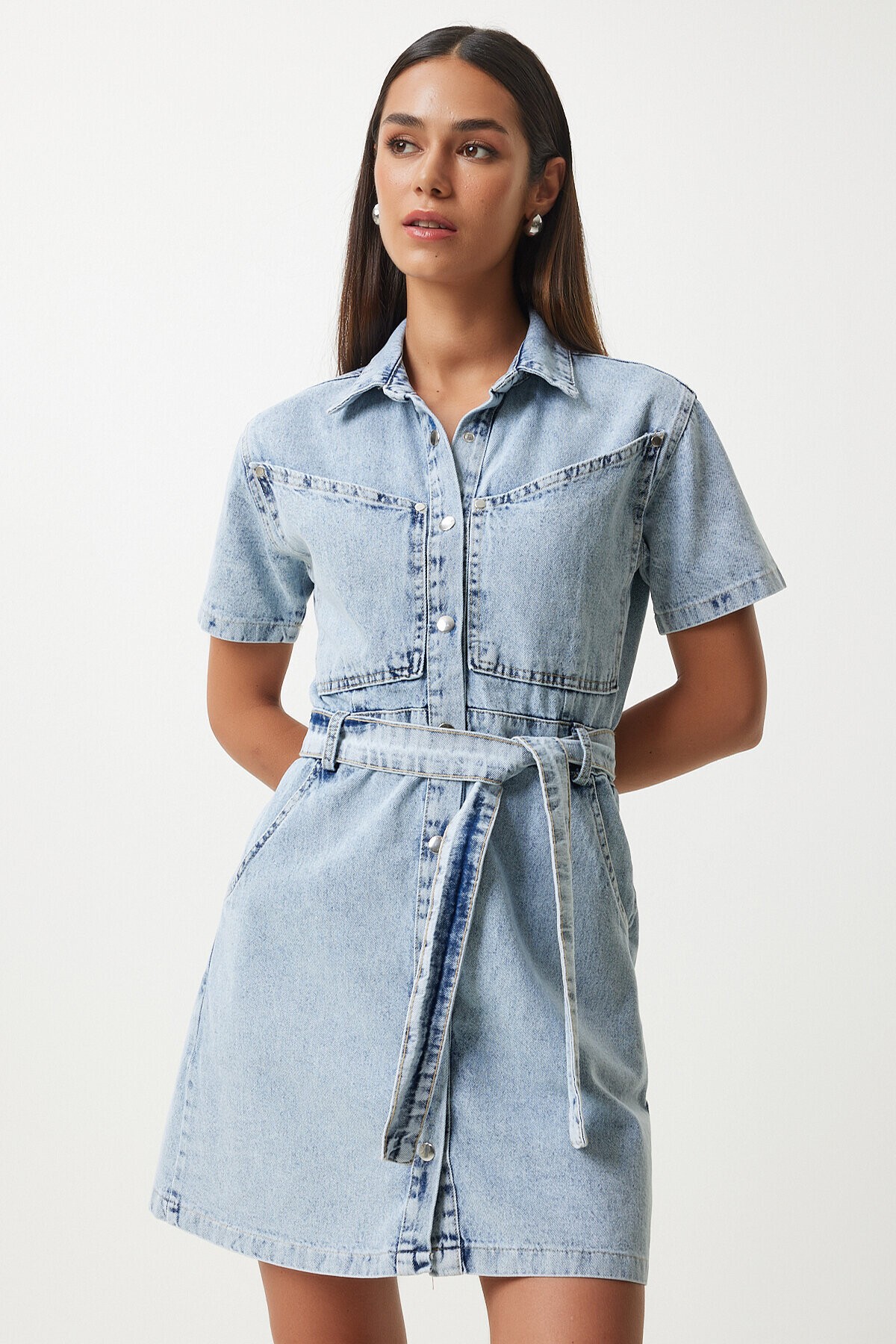 Kuşaklı Denim Elbise AÇIK MAVİ LAN0006