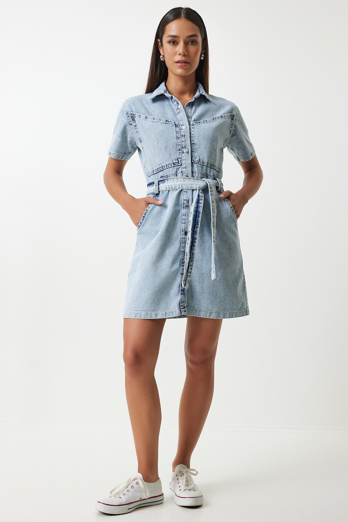 Kuşaklı Denim Elbise AÇIK MAVİ LAN0006