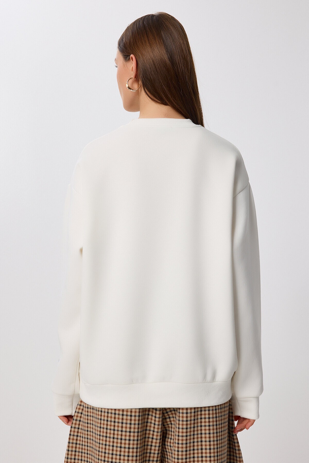 Leopar Baskılı Oversize Şardonlu Örme Sweatshirt KEMİK LAN0068