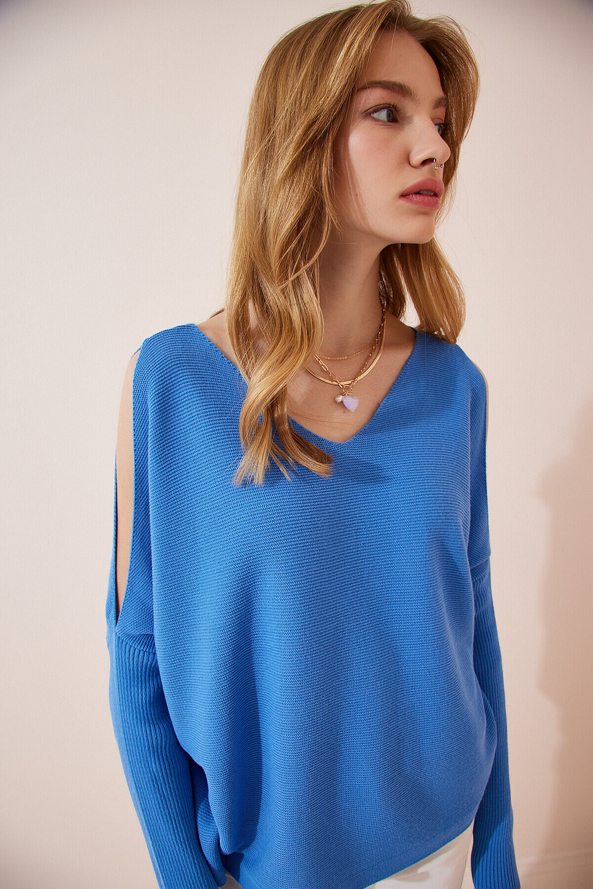 Omuzu Pencereli Oversize Triko Kazak İNDİGO MAVİ LAS0004