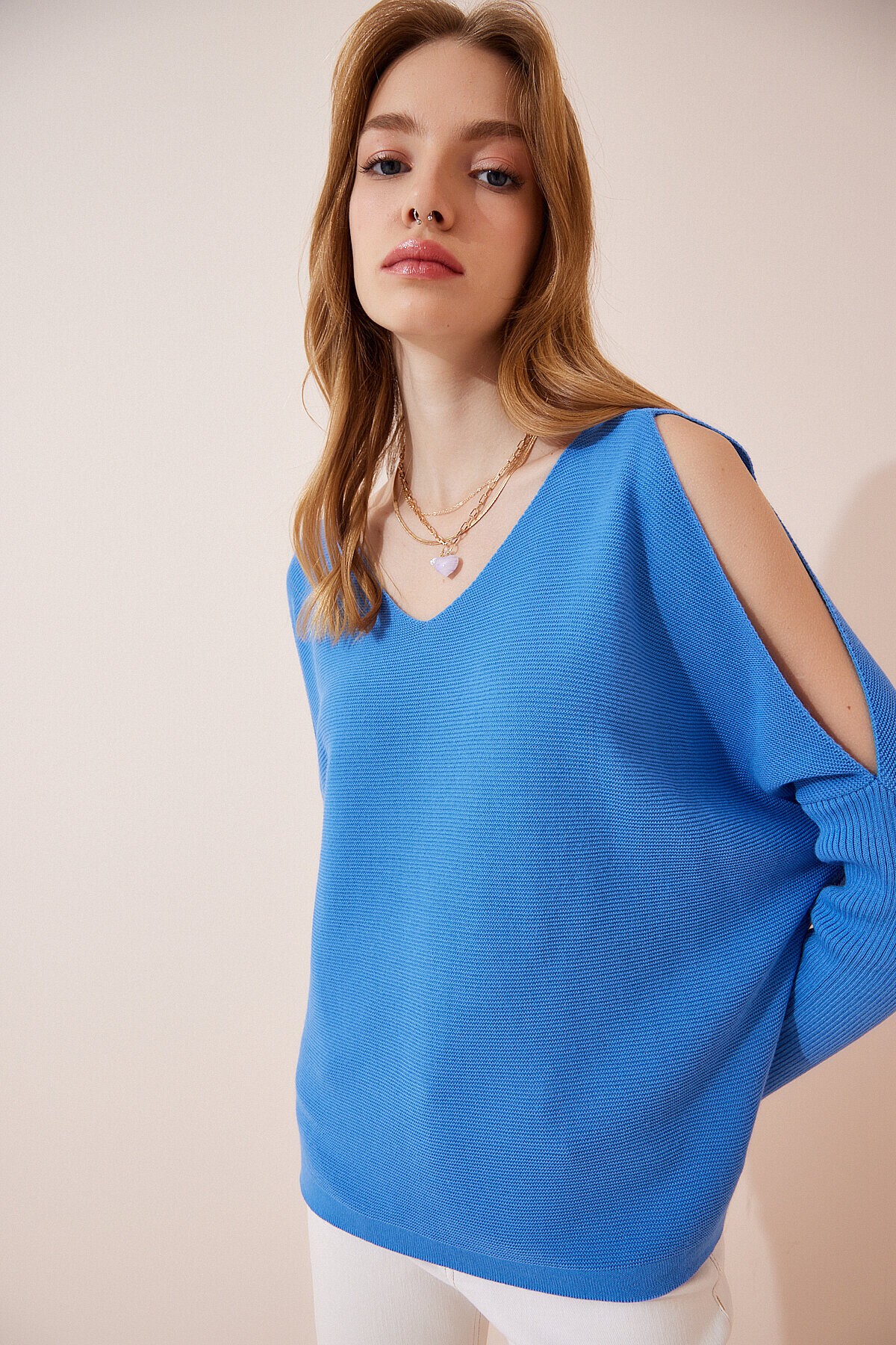 Omuzu Pencereli Oversize Triko Kazak İNDİGO MAVİ LAS0004