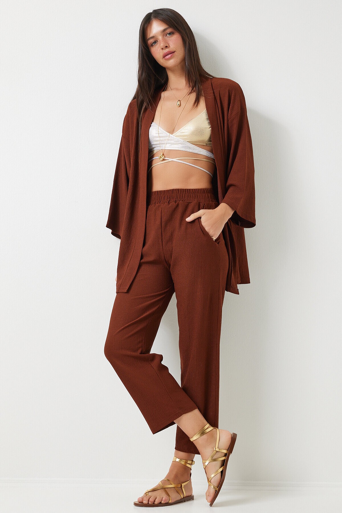 Örme Kimono Pantolon Takımı KAHVERENGİ LBY0001