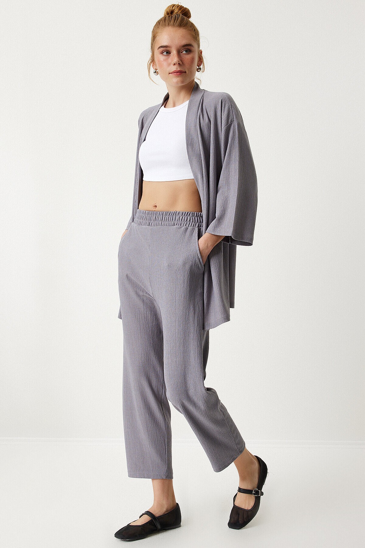 Örme Kimono Pantolon Takımı TAŞ GRİSİ LBY0001