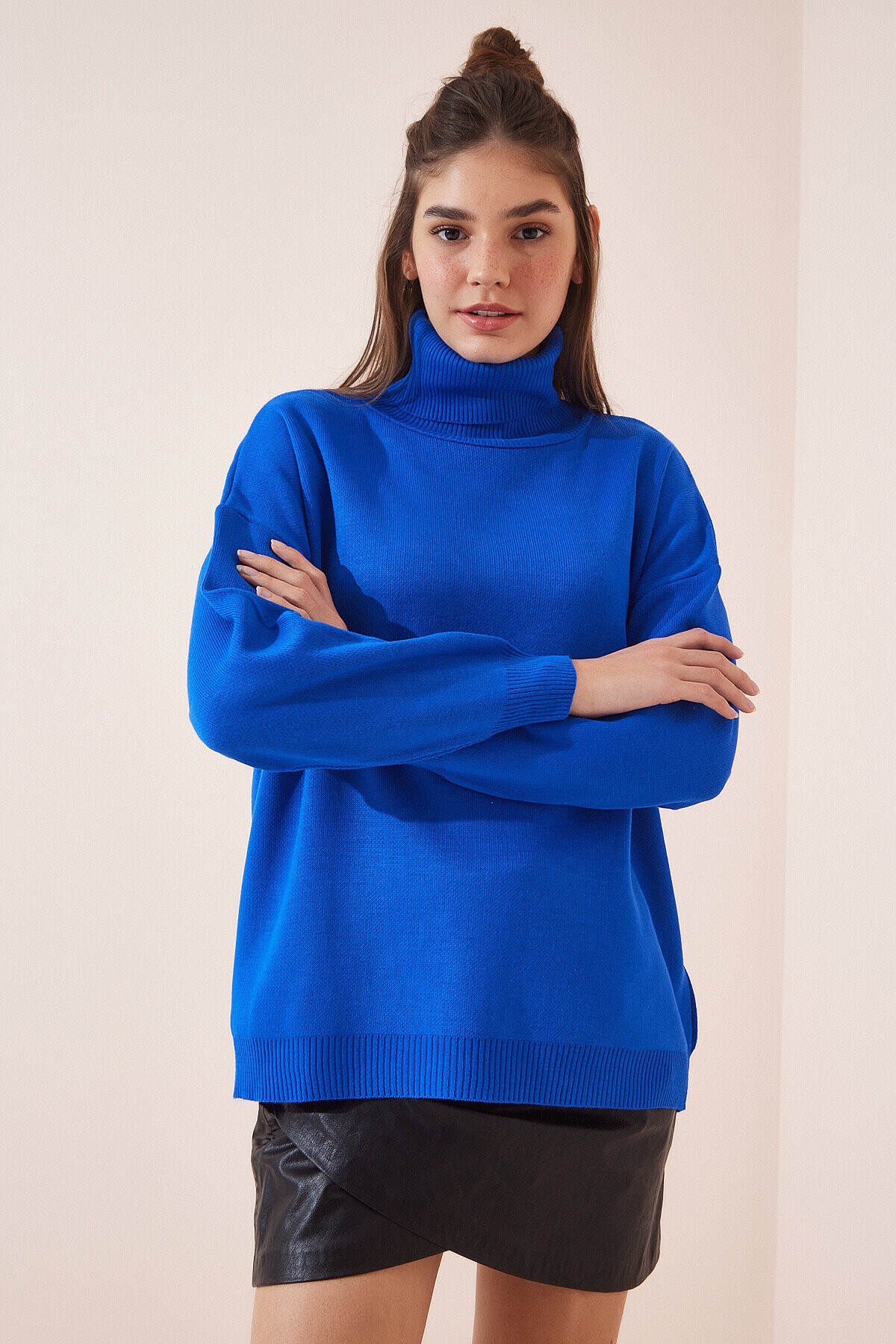 Oversize Balıkçı Yaka Triko Kazak CANLI MAVİ LBV0043