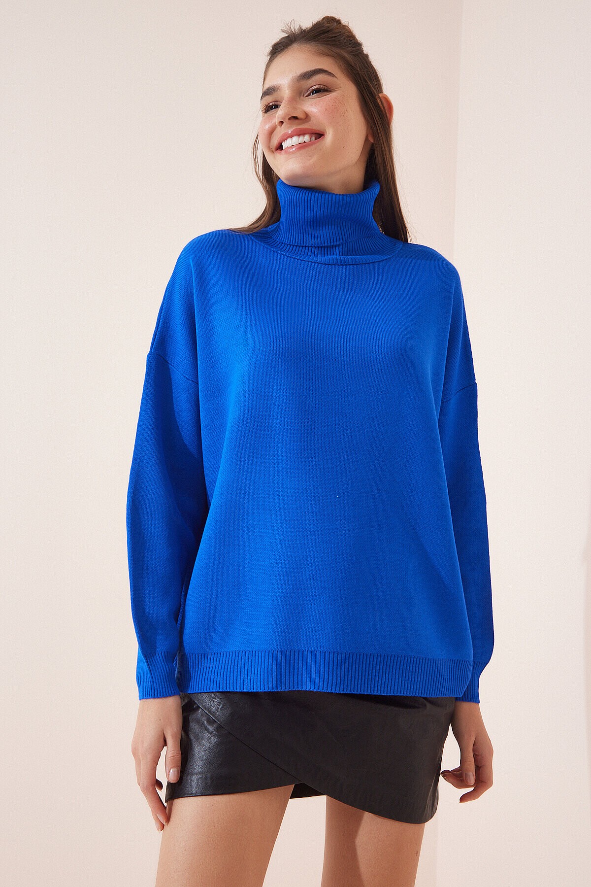 Oversize Balıkçı Yaka Triko Kazak CANLI MAVİ LBV0043